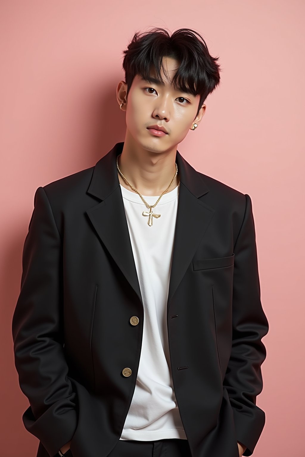 Korean man (with black hair) (as korean kpop k-pop idol) posing for photo, wearing Korean clothes, Korean fashion, Korean fashion, Korean makeup, (in front of solid background)