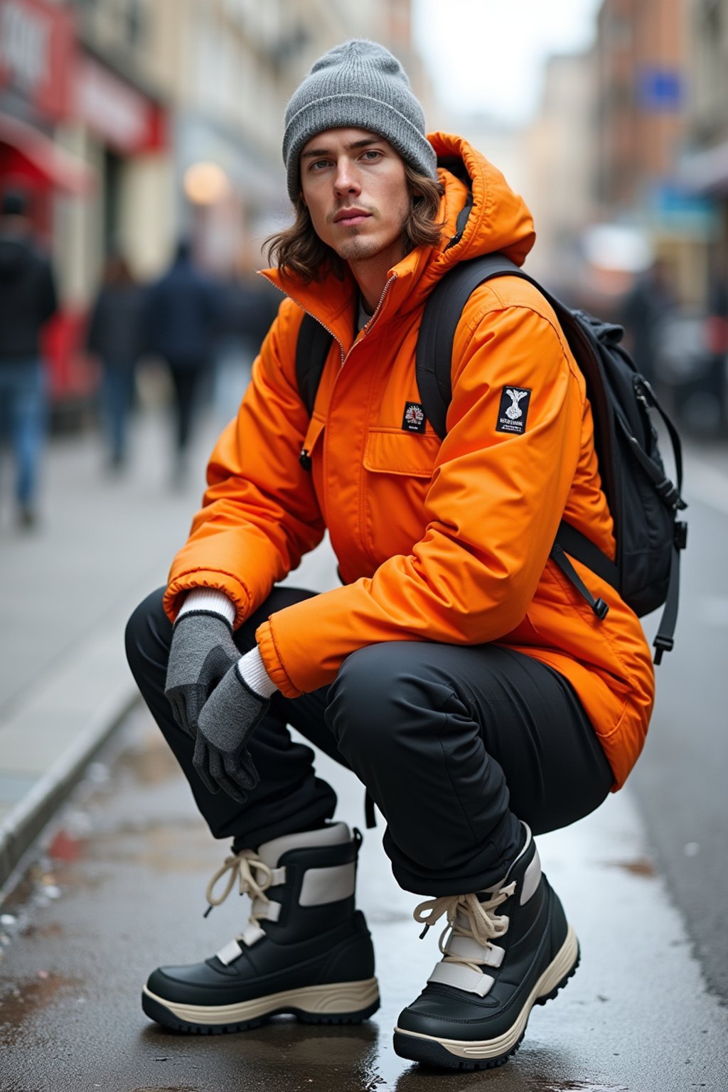 man wearing gorpcore aesthetic, functional outdoor clothing, bright colored puffer jacket, moonboots, beanie, white wool socks, outerwear, posing for photo in the street