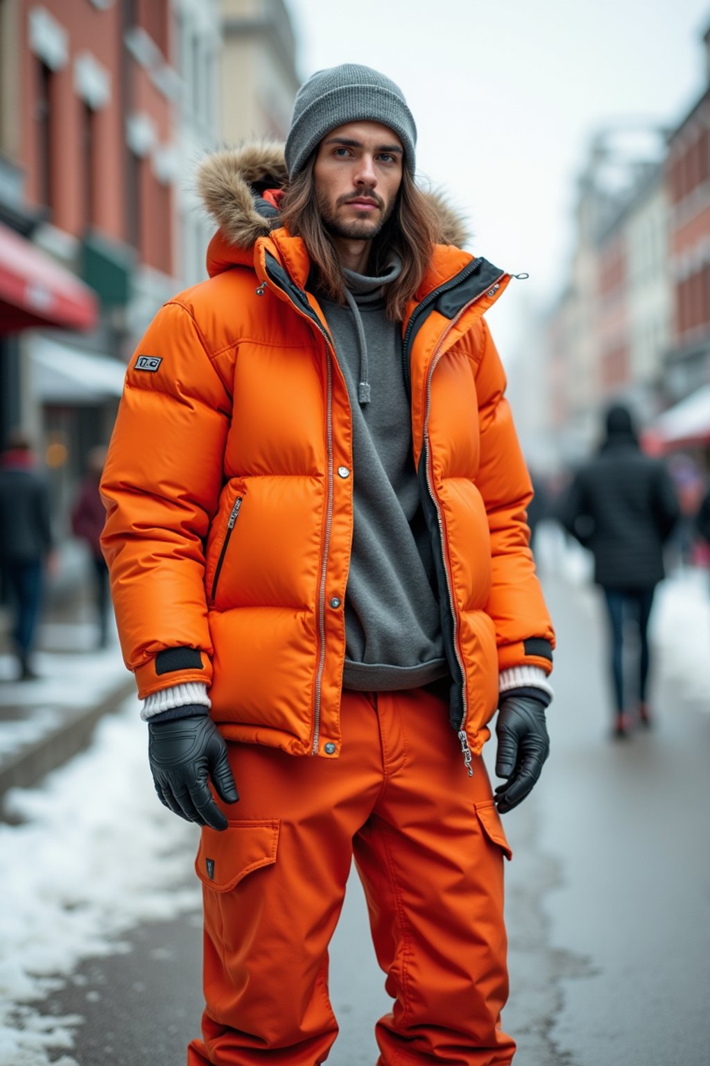 man wearing gorpcore aesthetic, functional outdoor clothing, bright colored puffer jacket, moonboots, beanie, white wool socks, outerwear, posing for photo in the street