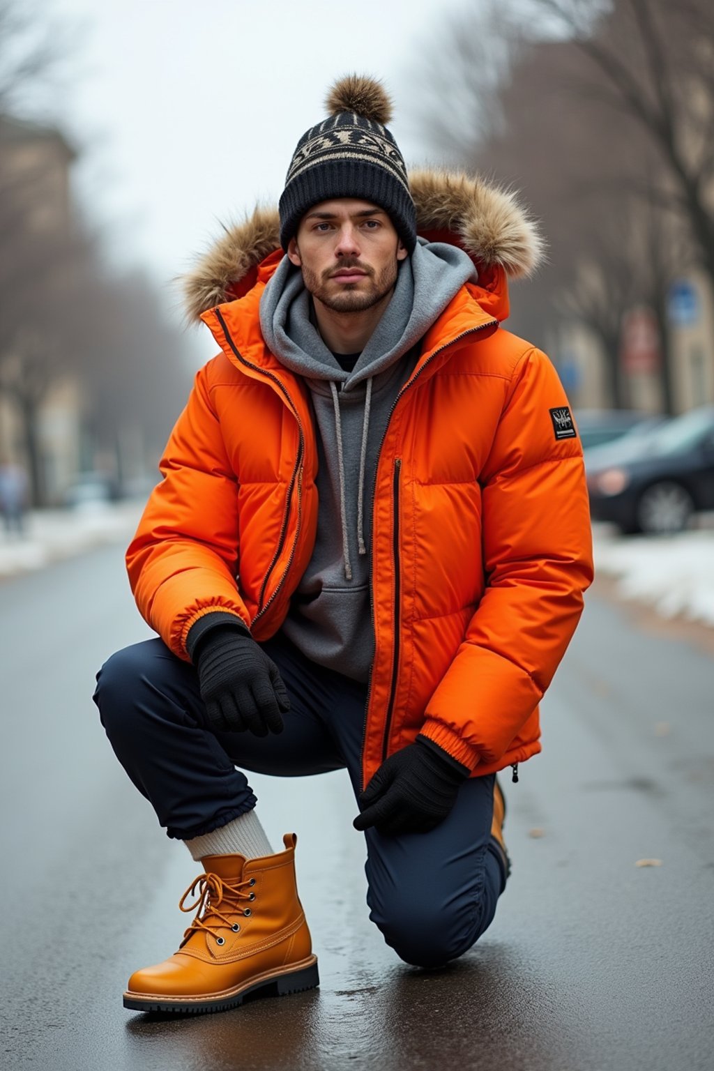 man wearing gorpcore aesthetic, functional outdoor clothing, bright colored puffer jacket, moonboots, beanie, white wool socks, outerwear, posing for photo in the street