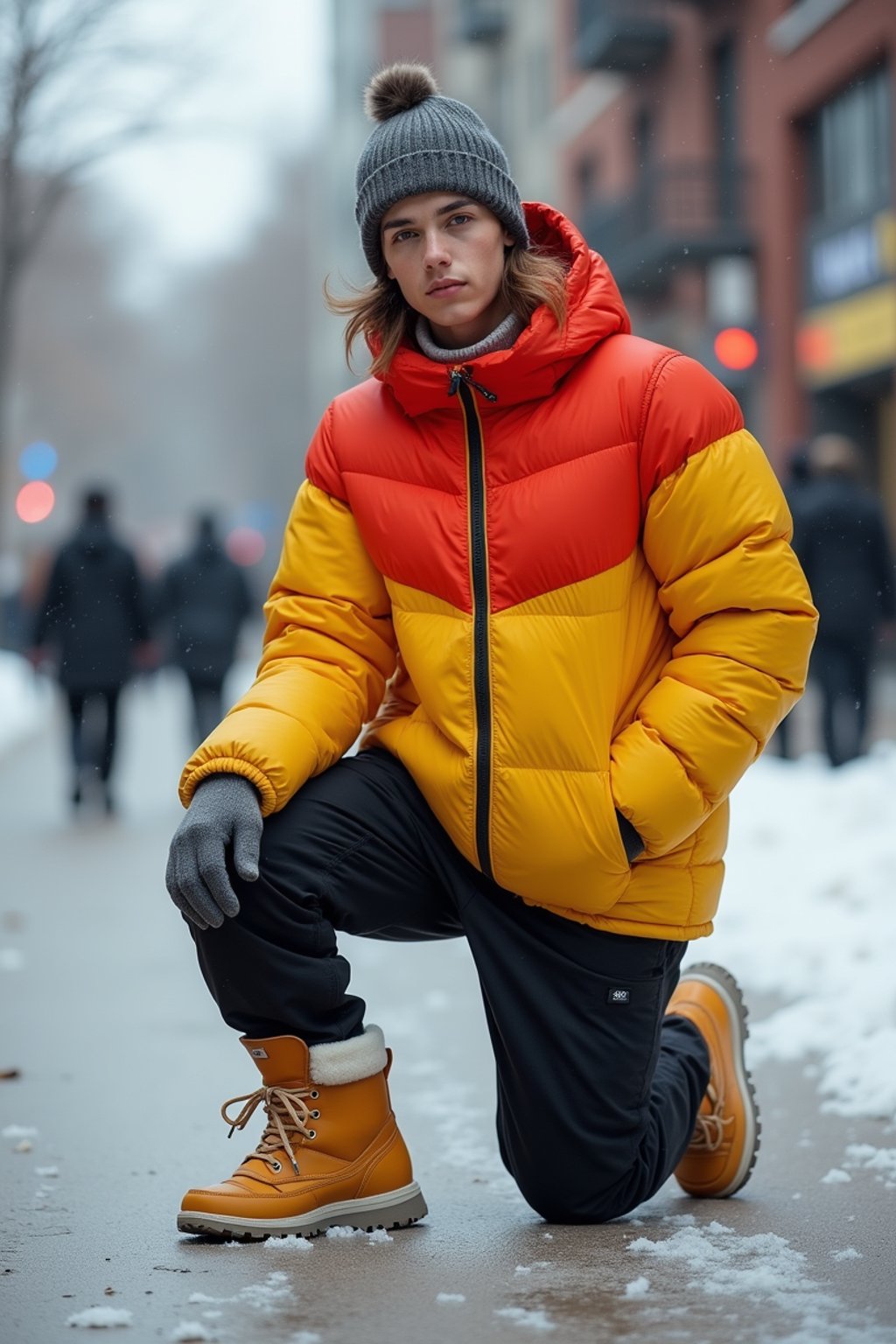 man wearing gorpcore aesthetic, functional outdoor clothing, bright colored puffer jacket, moonboots, beanie, white wool socks, outerwear, posing for photo in the street