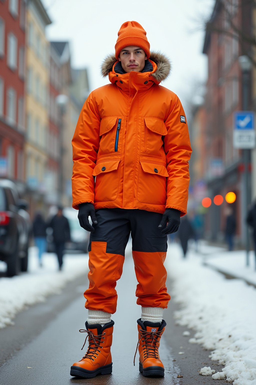 man wearing gorpcore aesthetic, functional outdoor clothing, bright colored puffer jacket, moonboots, beanie, white wool socks, outerwear, posing for photo in the street