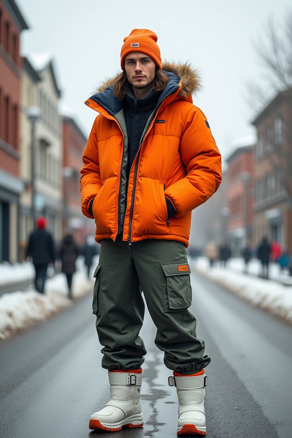 man wearing gorpcore aesthetic, functional outdoor clothing, bright colored puffer jacket, moonboots, beanie, white wool socks, outerwear, posing for photo in the street