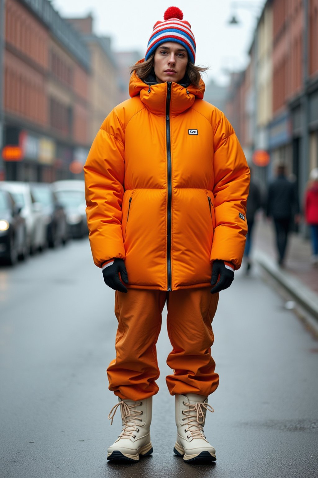 man wearing gorpcore aesthetic, functional outdoor clothing, bright colored puffer jacket, moonboots, beanie, white wool socks, outerwear, posing for photo in the street