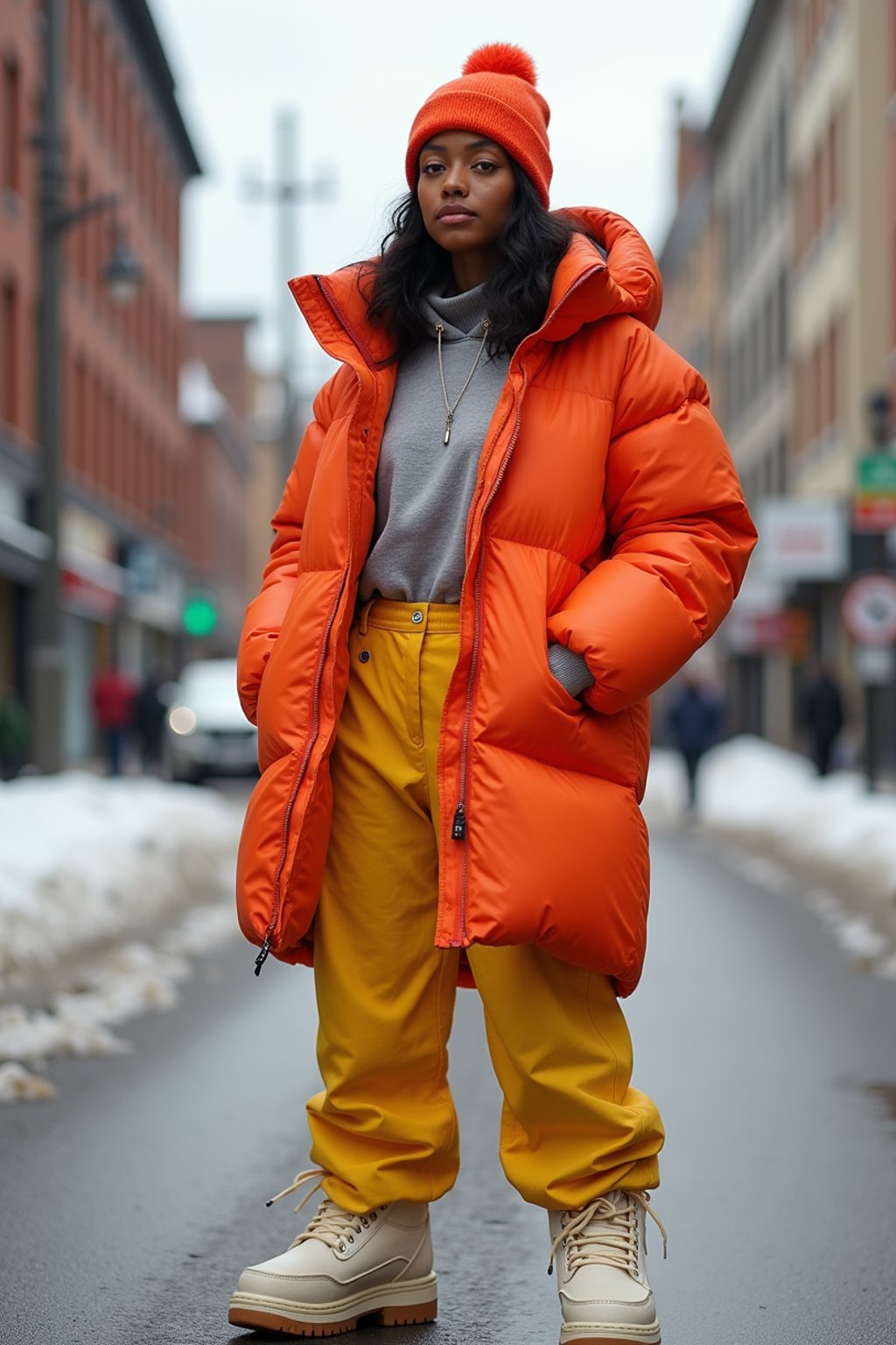 woman wearing gorpcore aesthetic, functional outdoor clothing, bright colored puffer jacket, moonboots, beanie, white wool socks, outerwear, posing for photo in the street