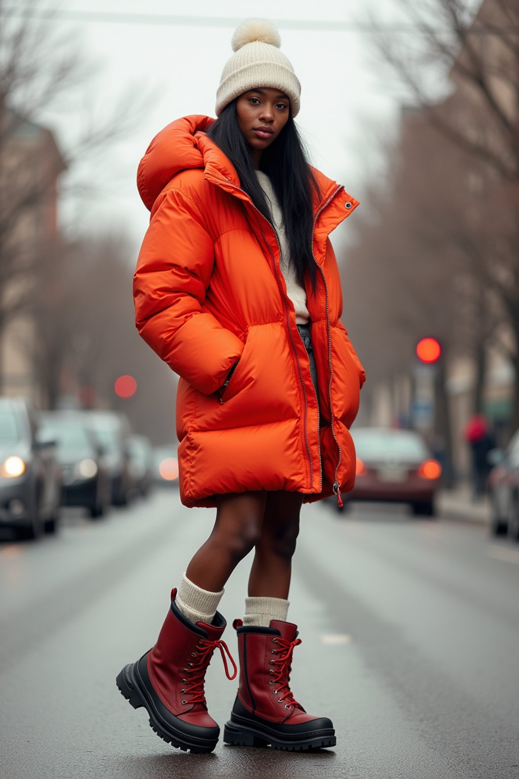 woman wearing gorpcore aesthetic, functional outdoor clothing, bright colored puffer jacket, moonboots, beanie, white wool socks, outerwear, posing for photo in the street