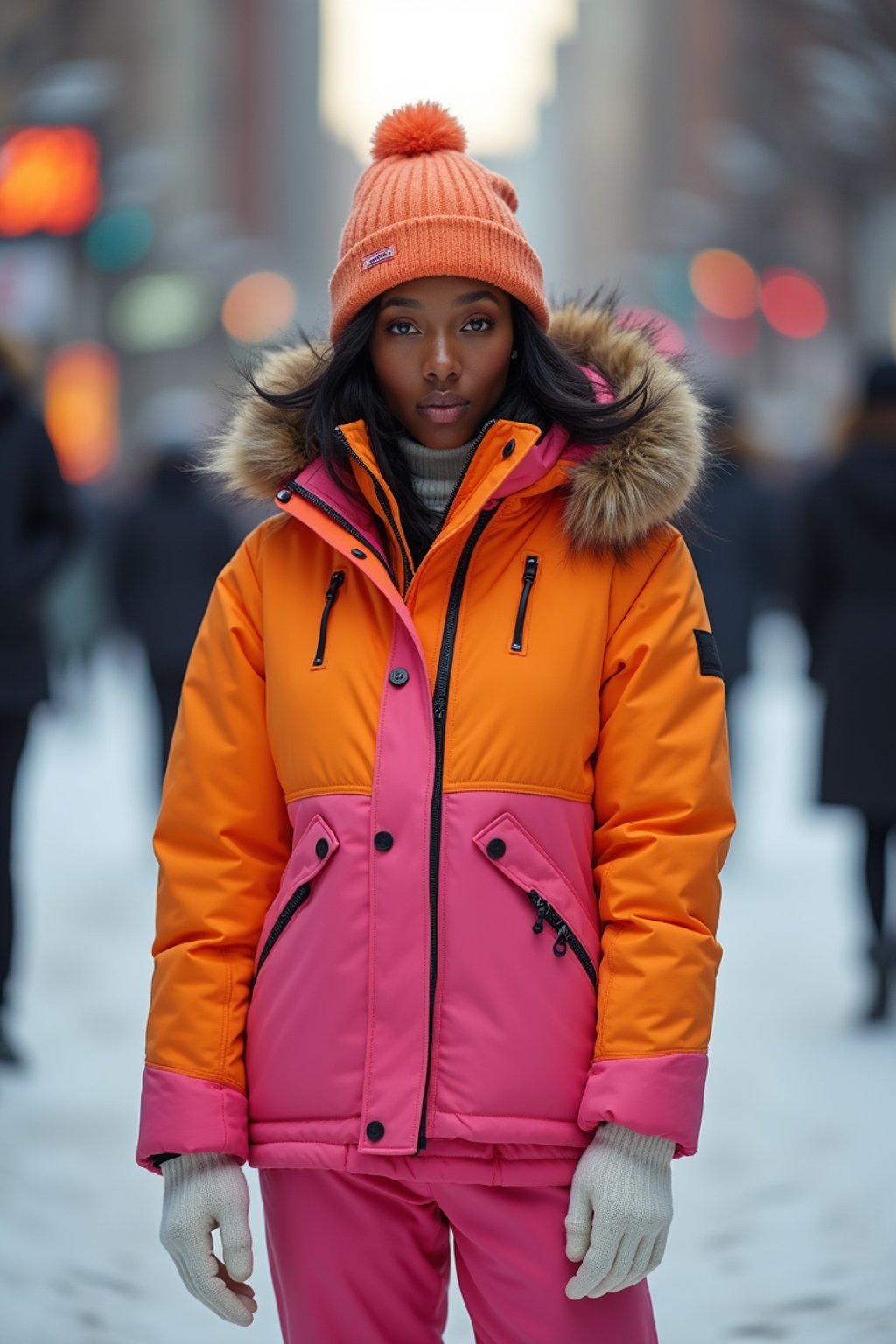 woman wearing gorpcore aesthetic, functional outdoor clothing, bright colored puffer jacket, moonboots, beanie, white wool socks, outerwear, posing for photo in the street