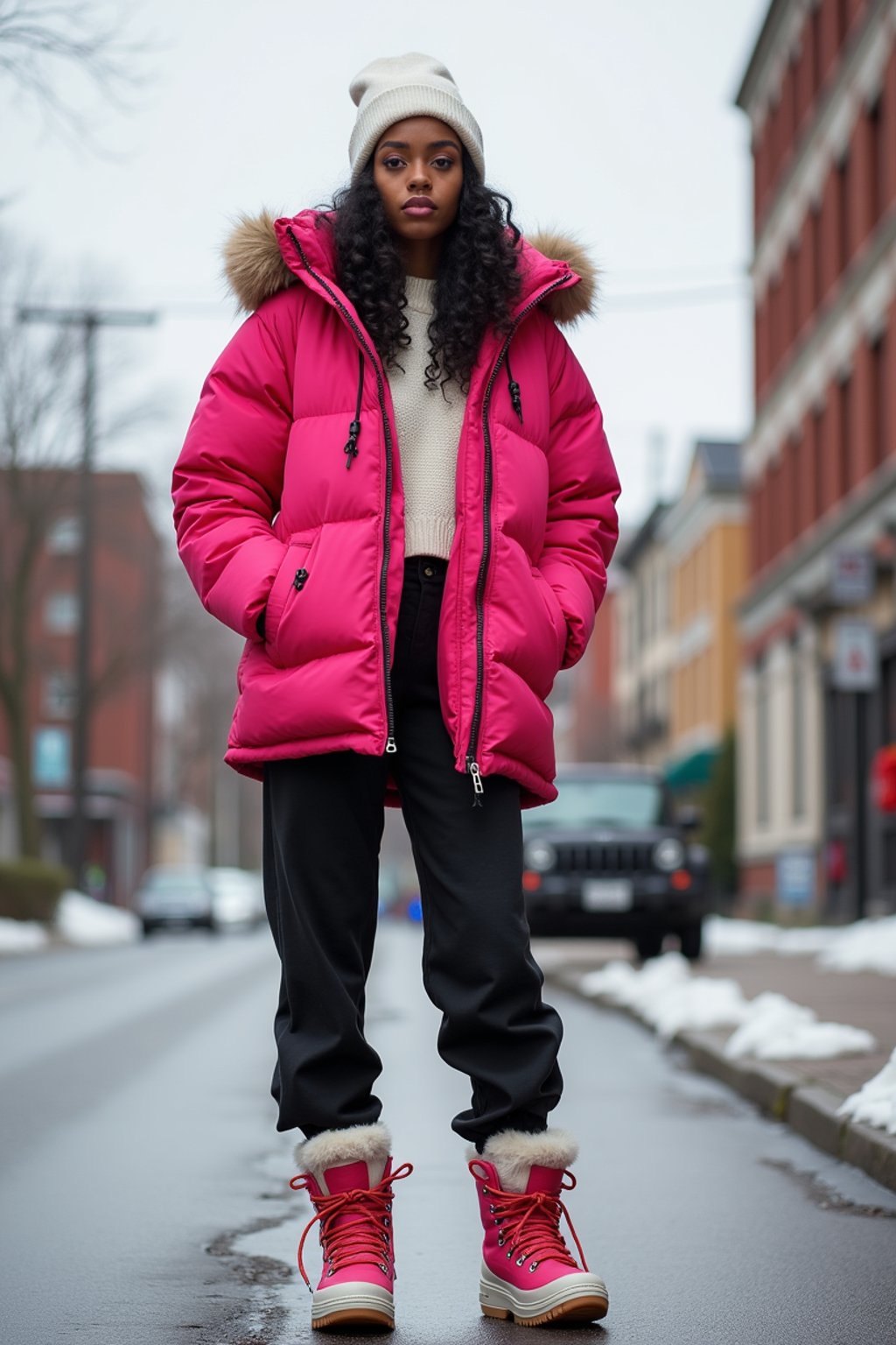 woman wearing gorpcore aesthetic, functional outdoor clothing, bright colored puffer jacket, moonboots, beanie, white wool socks, outerwear, posing for photo in the street