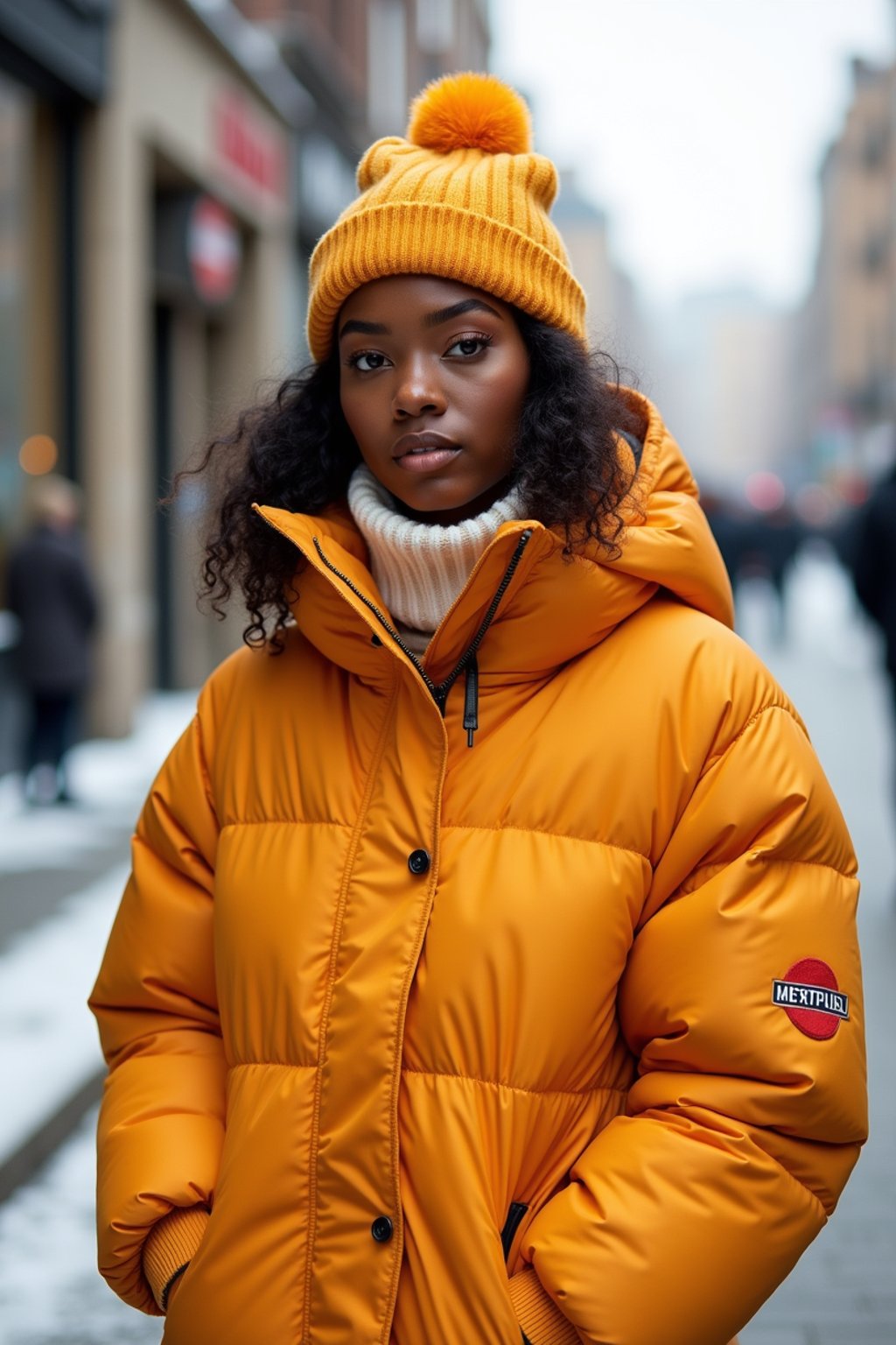 woman wearing gorpcore aesthetic, functional outdoor clothing, bright colored puffer jacket, moonboots, beanie, white wool socks, outerwear, posing for photo in the street