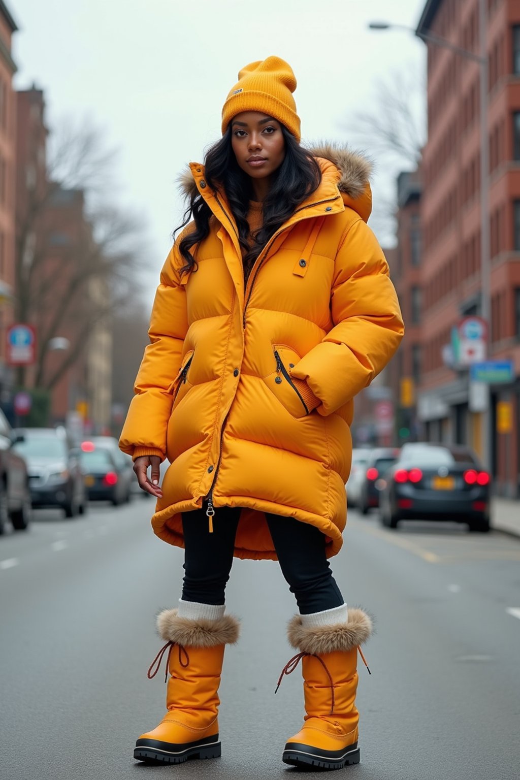 woman wearing gorpcore aesthetic, functional outdoor clothing, bright colored puffer jacket, moonboots, beanie, white wool socks, outerwear, posing for photo in the street