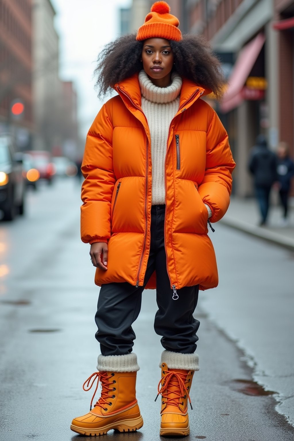 woman wearing gorpcore aesthetic, functional outdoor clothing, bright colored puffer jacket, moonboots, beanie, white wool socks, outerwear, posing for photo in the street