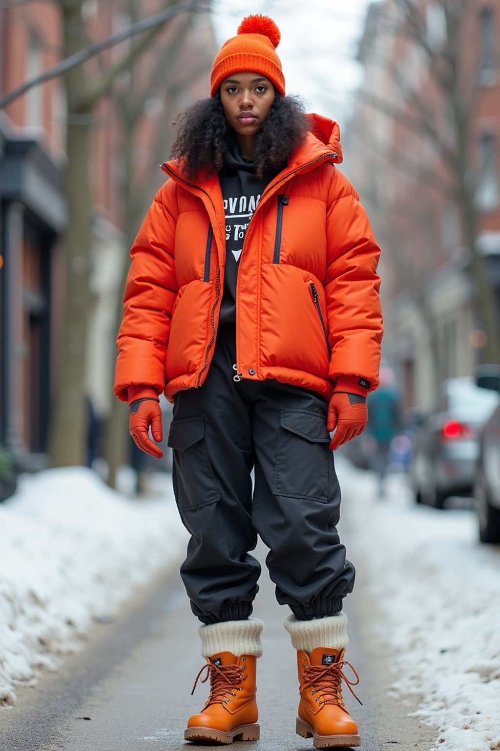 woman wearing gorpcore aesthetic, functional outdoor clothing, bright colored puffer jacket, moonboots, beanie, white wool socks, outerwear, posing for photo in the street