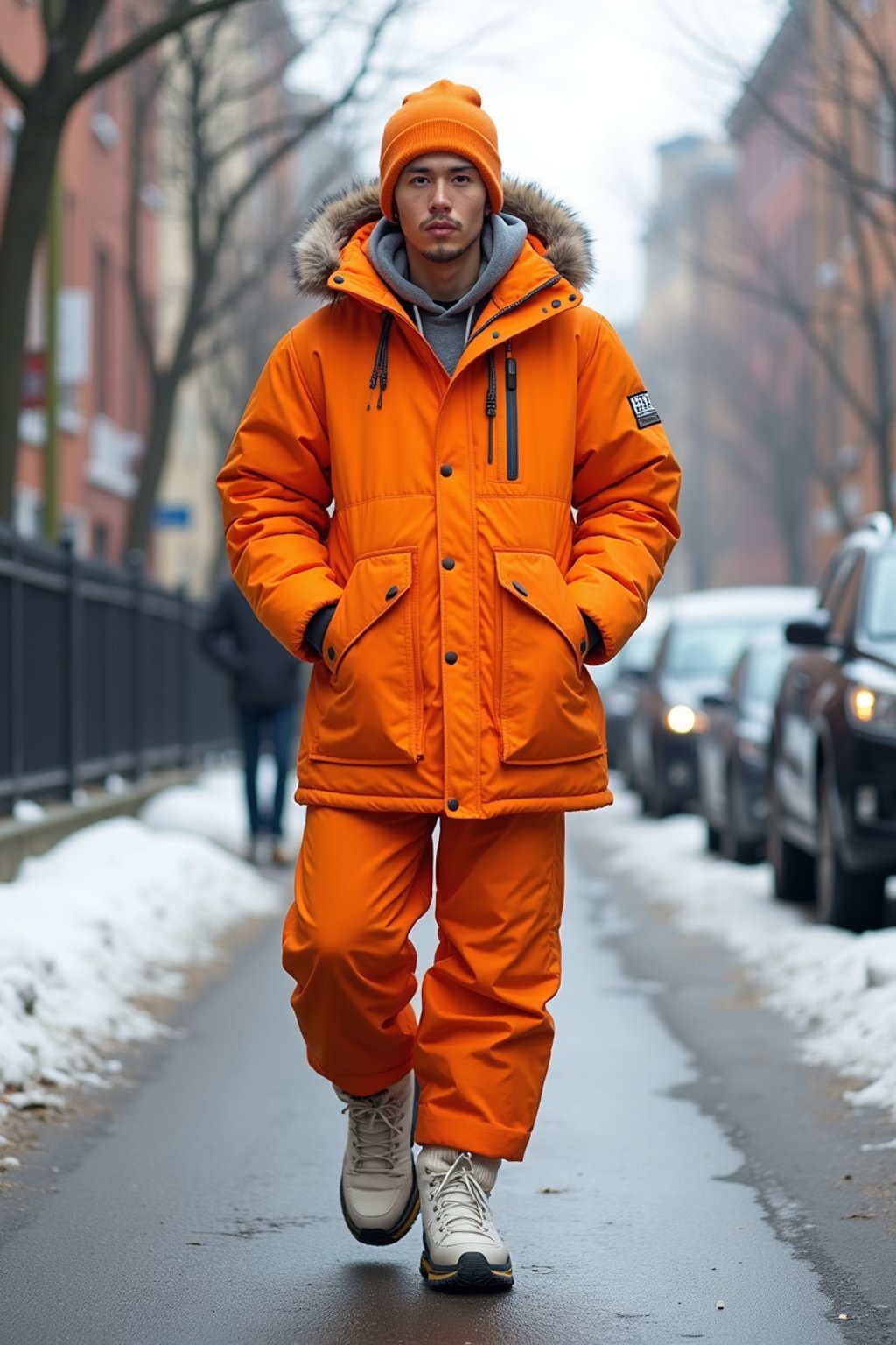 man wearing gorpcore aesthetic, functional outdoor clothing, bright colored puffer jacket, moonboots, beanie, white wool socks, outerwear, posing for photo in the street