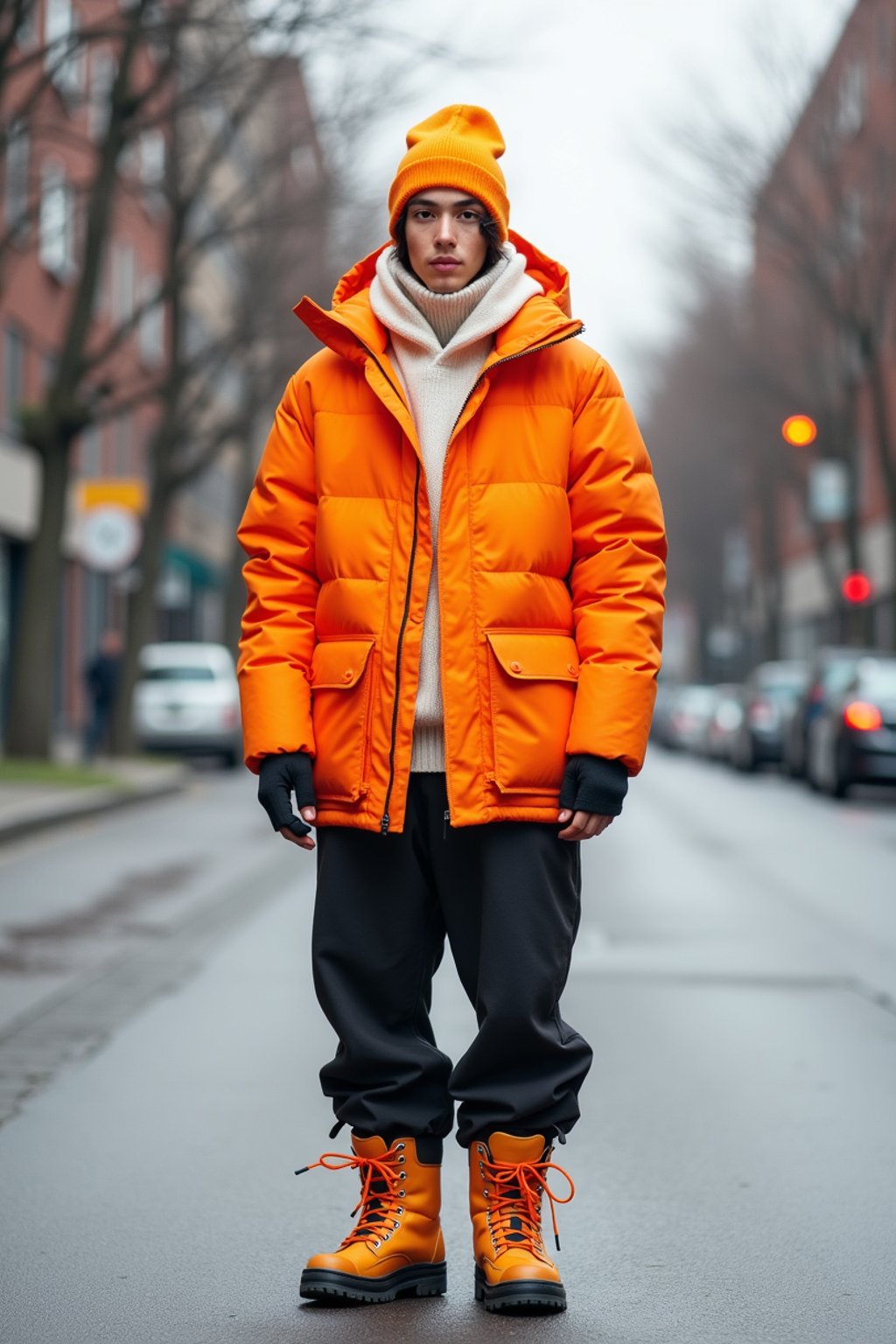 man wearing gorpcore aesthetic, functional outdoor clothing, bright colored puffer jacket, moonboots, beanie, white wool socks, outerwear, posing for photo in the street