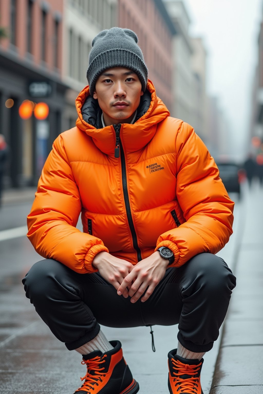 man wearing gorpcore aesthetic, functional outdoor clothing, bright colored puffer jacket, moonboots, beanie, white wool socks, outerwear, posing for photo in the street