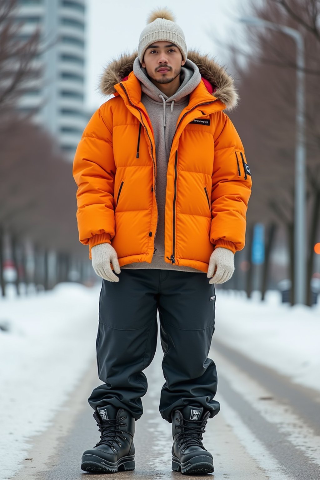 man wearing gorpcore aesthetic, functional outdoor clothing, bright colored puffer jacket, moonboots, beanie, white wool socks, outerwear, posing for photo in the street