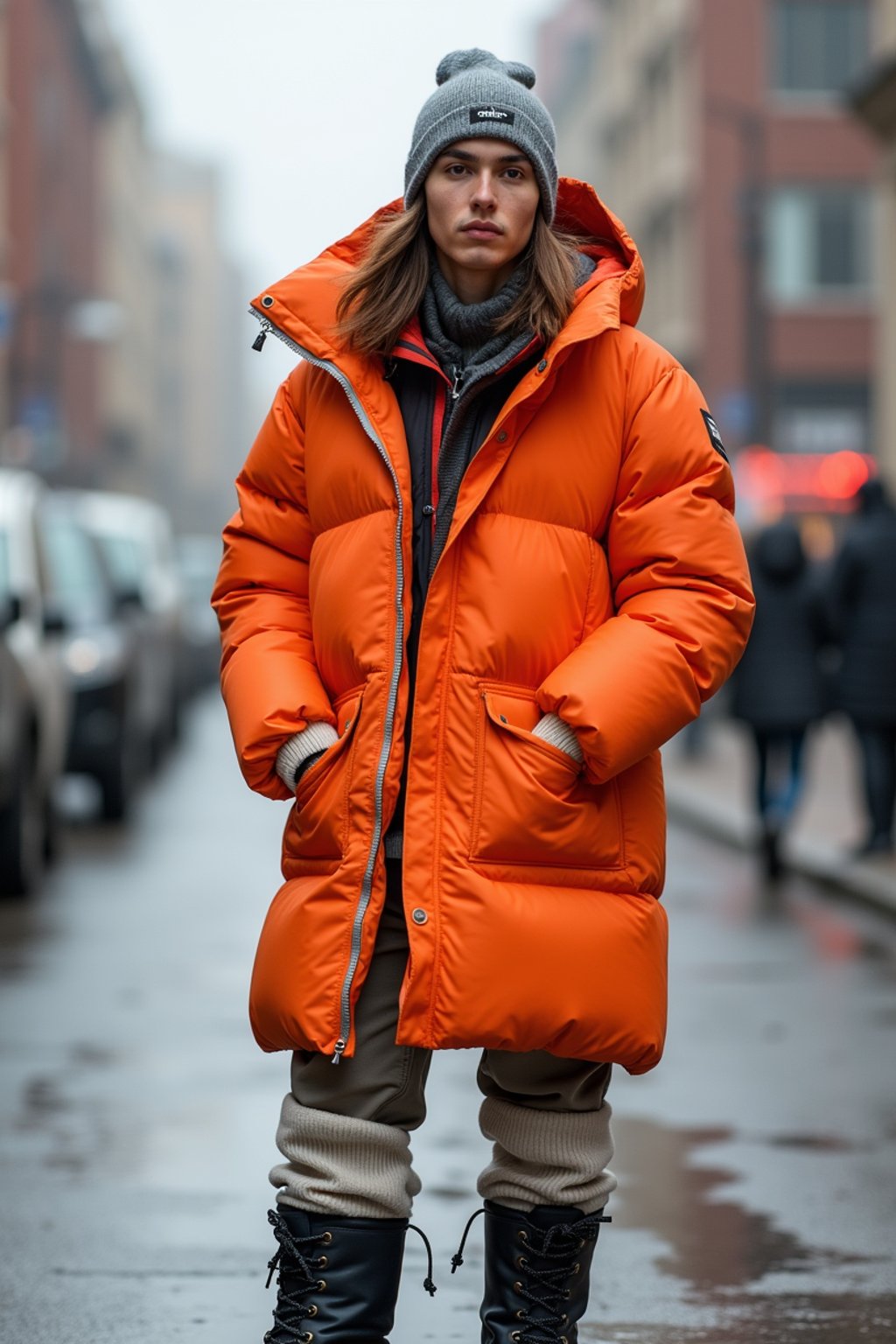 man wearing gorpcore aesthetic, functional outdoor clothing, bright colored puffer jacket, moonboots, beanie, white wool socks, outerwear, posing for photo in the street