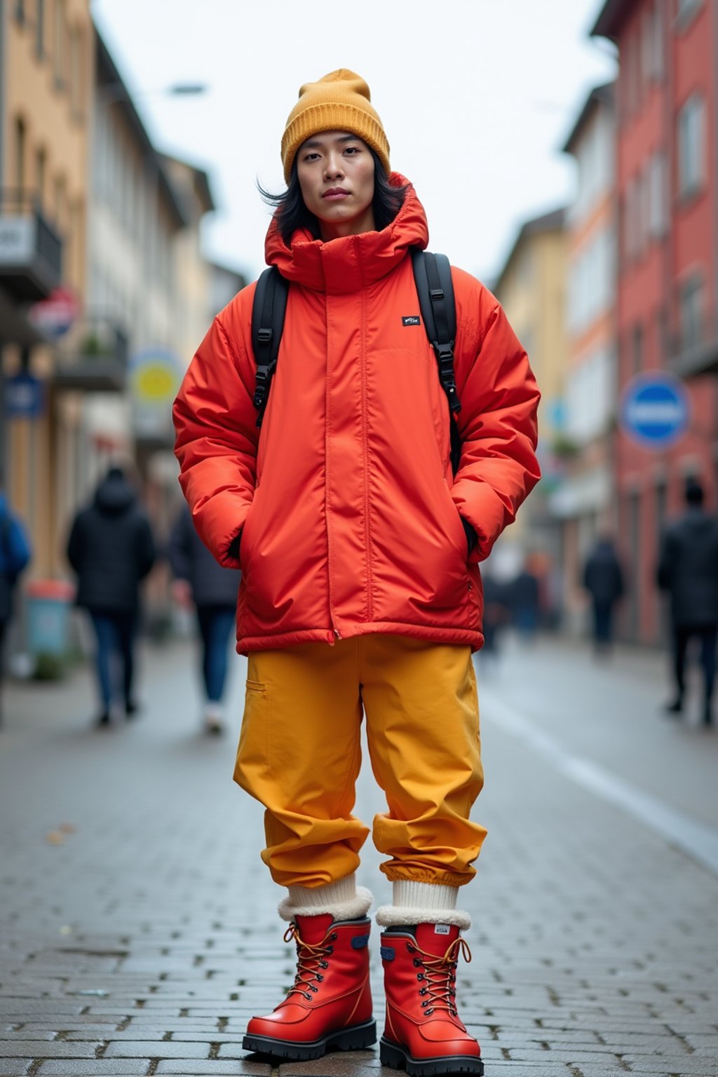 man wearing gorpcore aesthetic, functional outdoor clothing, bright colored puffer jacket, moonboots, beanie, white wool socks, outerwear, posing for photo in the street