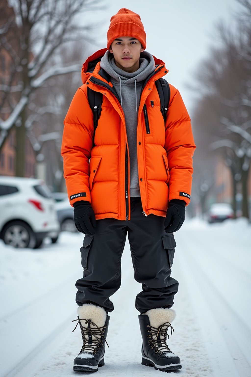 man wearing gorpcore aesthetic, functional outdoor clothing, bright colored puffer jacket, moonboots, beanie, white wool socks, outerwear, posing for photo in the street