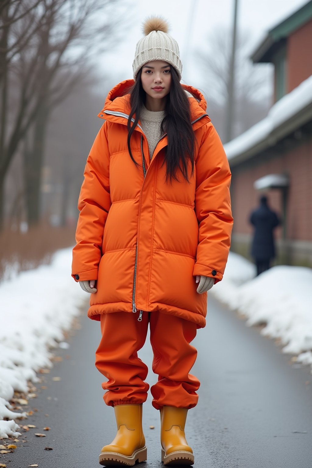 woman wearing gorpcore aesthetic, functional outdoor clothing, bright colored puffer jacket, moonboots, beanie, white wool socks, outerwear, posing for photo in the street