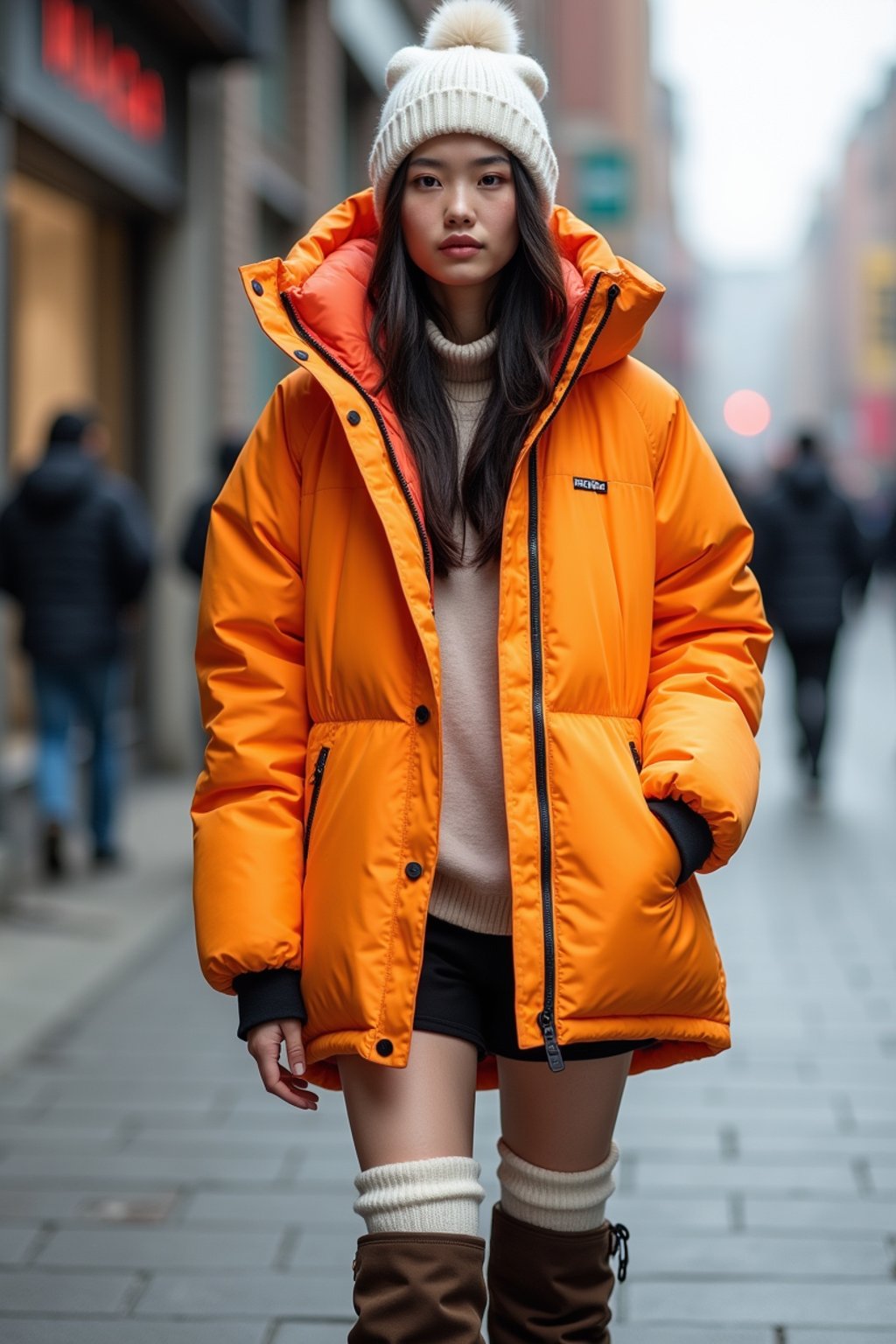 woman wearing gorpcore aesthetic, functional outdoor clothing, bright colored puffer jacket, moonboots, beanie, white wool socks, outerwear, posing for photo in the street