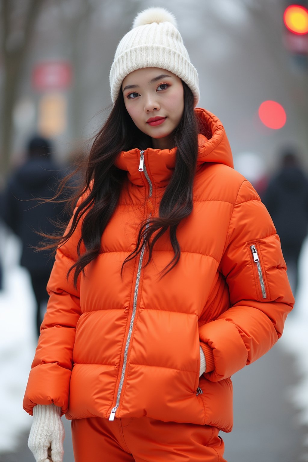 woman wearing gorpcore aesthetic, functional outdoor clothing, bright colored puffer jacket, moonboots, beanie, white wool socks, outerwear, posing for photo in the street