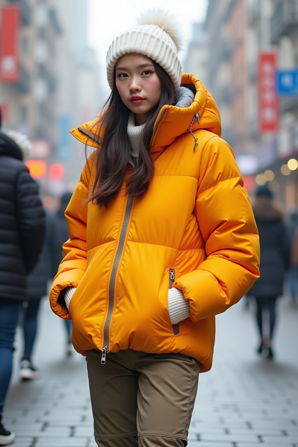 woman wearing gorpcore aesthetic, functional outdoor clothing, bright colored puffer jacket, moonboots, beanie, white wool socks, outerwear, posing for photo in the street