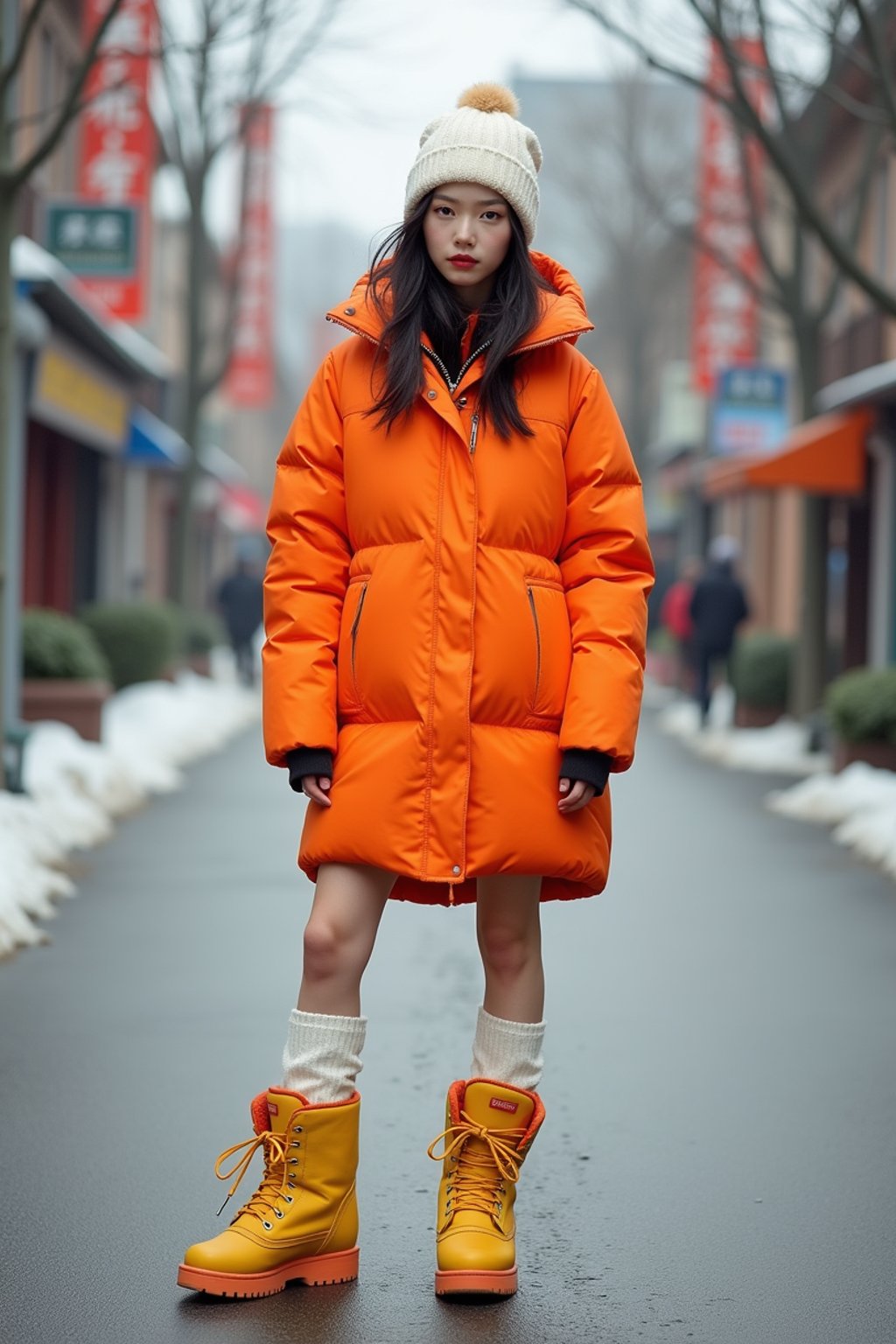 woman wearing gorpcore aesthetic, functional outdoor clothing, bright colored puffer jacket, moonboots, beanie, white wool socks, outerwear, posing for photo in the street