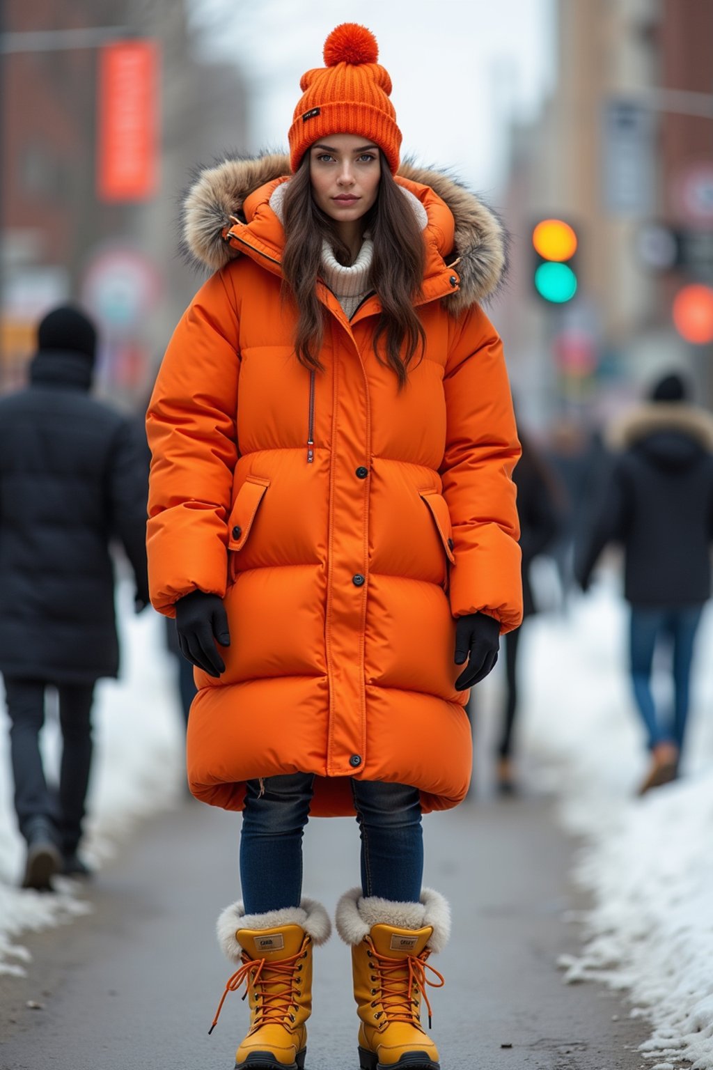 woman wearing gorpcore aesthetic, functional outdoor clothing, bright colored puffer jacket, moonboots, beanie, white wool socks, outerwear, posing for photo in the street