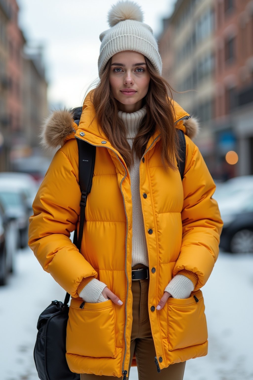 woman wearing gorpcore aesthetic, functional outdoor clothing, bright colored puffer jacket, moonboots, beanie, white wool socks, outerwear, posing for photo in the street