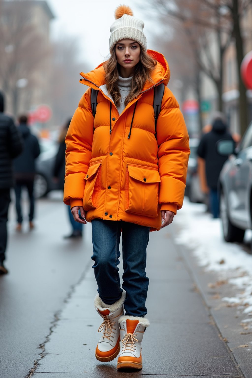 woman wearing gorpcore aesthetic, functional outdoor clothing, bright colored puffer jacket, moonboots, beanie, white wool socks, outerwear, posing for photo in the street