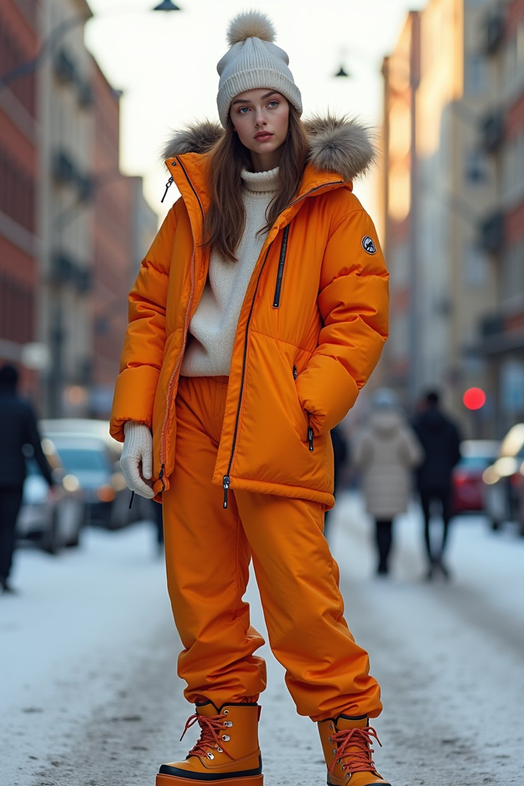 woman wearing gorpcore aesthetic, functional outdoor clothing, bright colored puffer jacket, moonboots, beanie, white wool socks, outerwear, posing for photo in the street