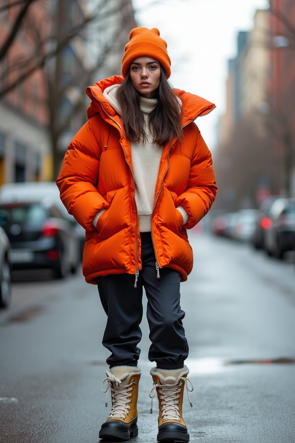 woman wearing gorpcore aesthetic, functional outdoor clothing, bright colored puffer jacket, moonboots, beanie, white wool socks, outerwear, posing for photo in the street