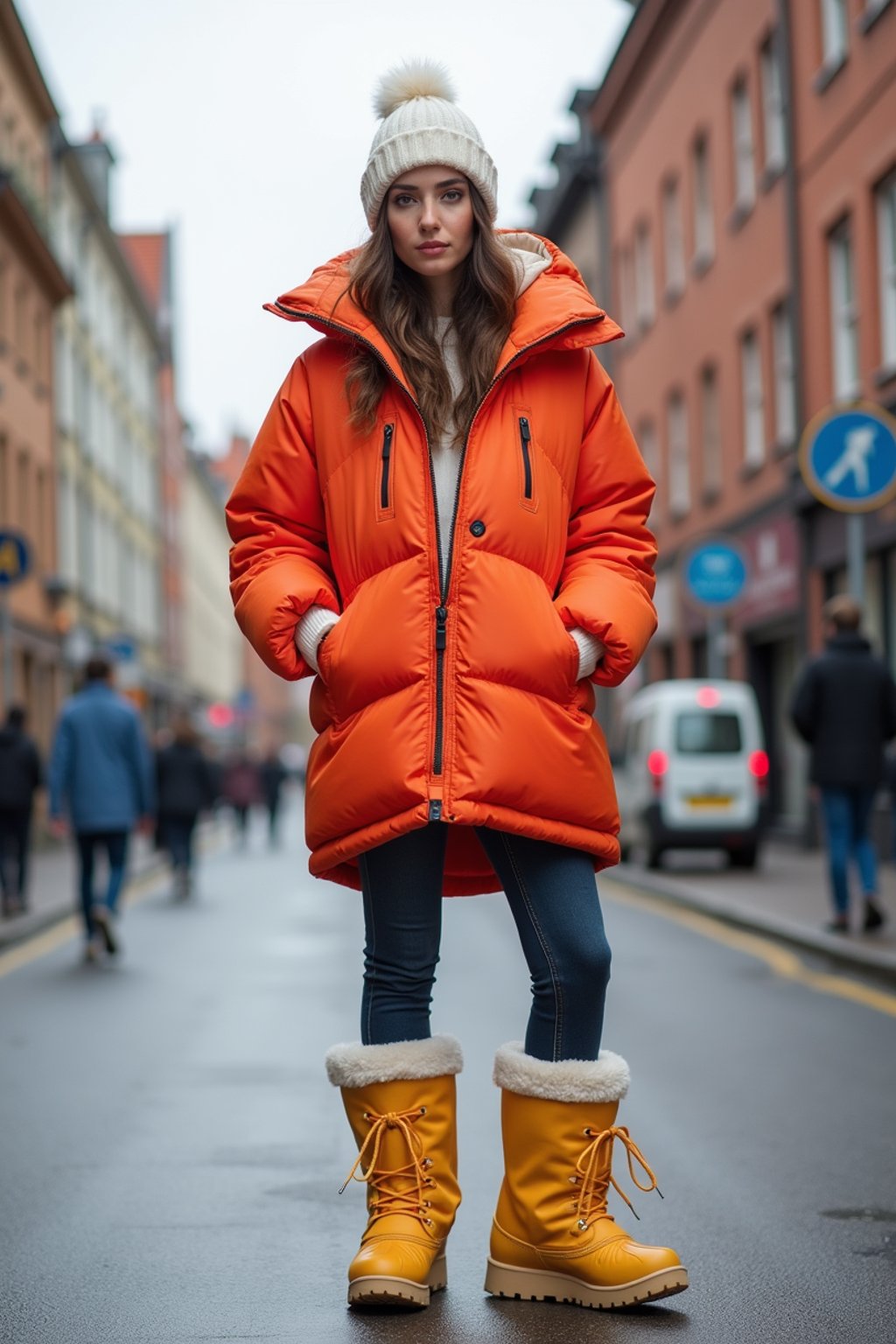 woman wearing gorpcore aesthetic, functional outdoor clothing, bright colored puffer jacket, moonboots, beanie, white wool socks, outerwear, posing for photo in the street