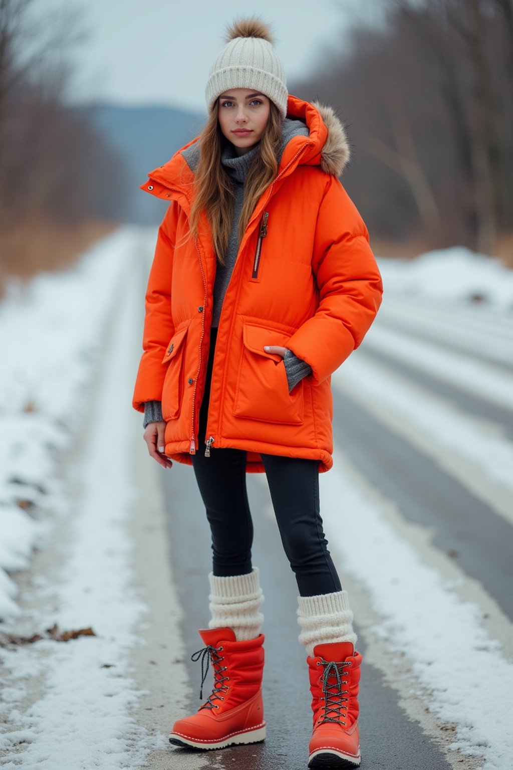 woman wearing gorpcore aesthetic, functional outdoor clothing, bright colored puffer jacket, moonboots, beanie, white wool socks, outerwear, posing for photo in the street