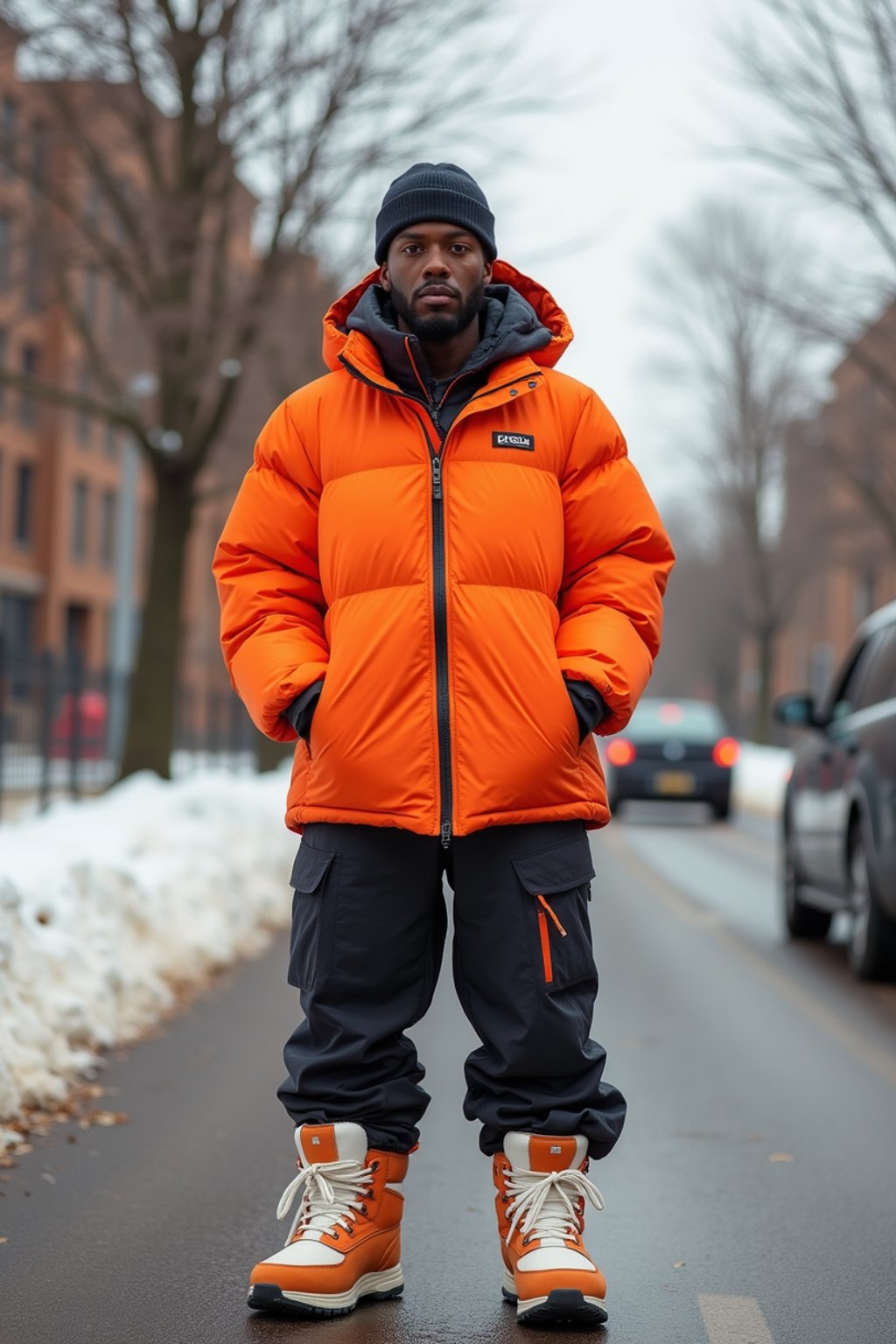 man wearing gorpcore aesthetic, functional outdoor clothing, bright colored puffer jacket, moonboots, beanie, white wool socks, outerwear, posing for photo in the street