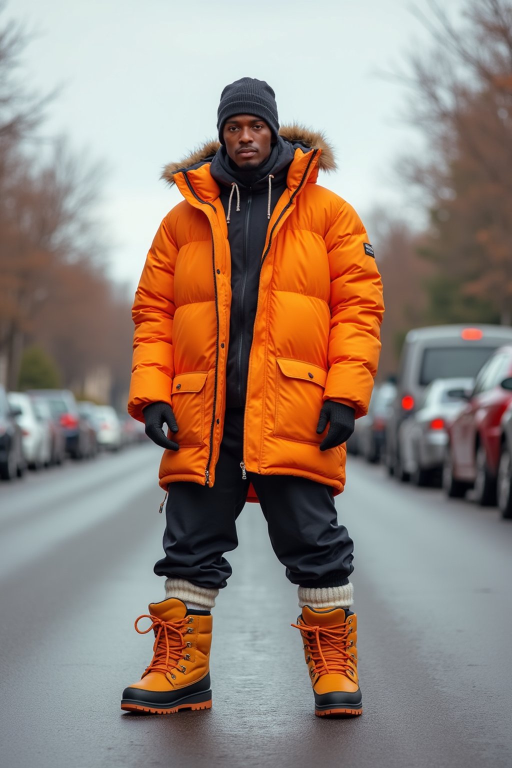 man wearing gorpcore aesthetic, functional outdoor clothing, bright colored puffer jacket, moonboots, beanie, white wool socks, outerwear, posing for photo in the street