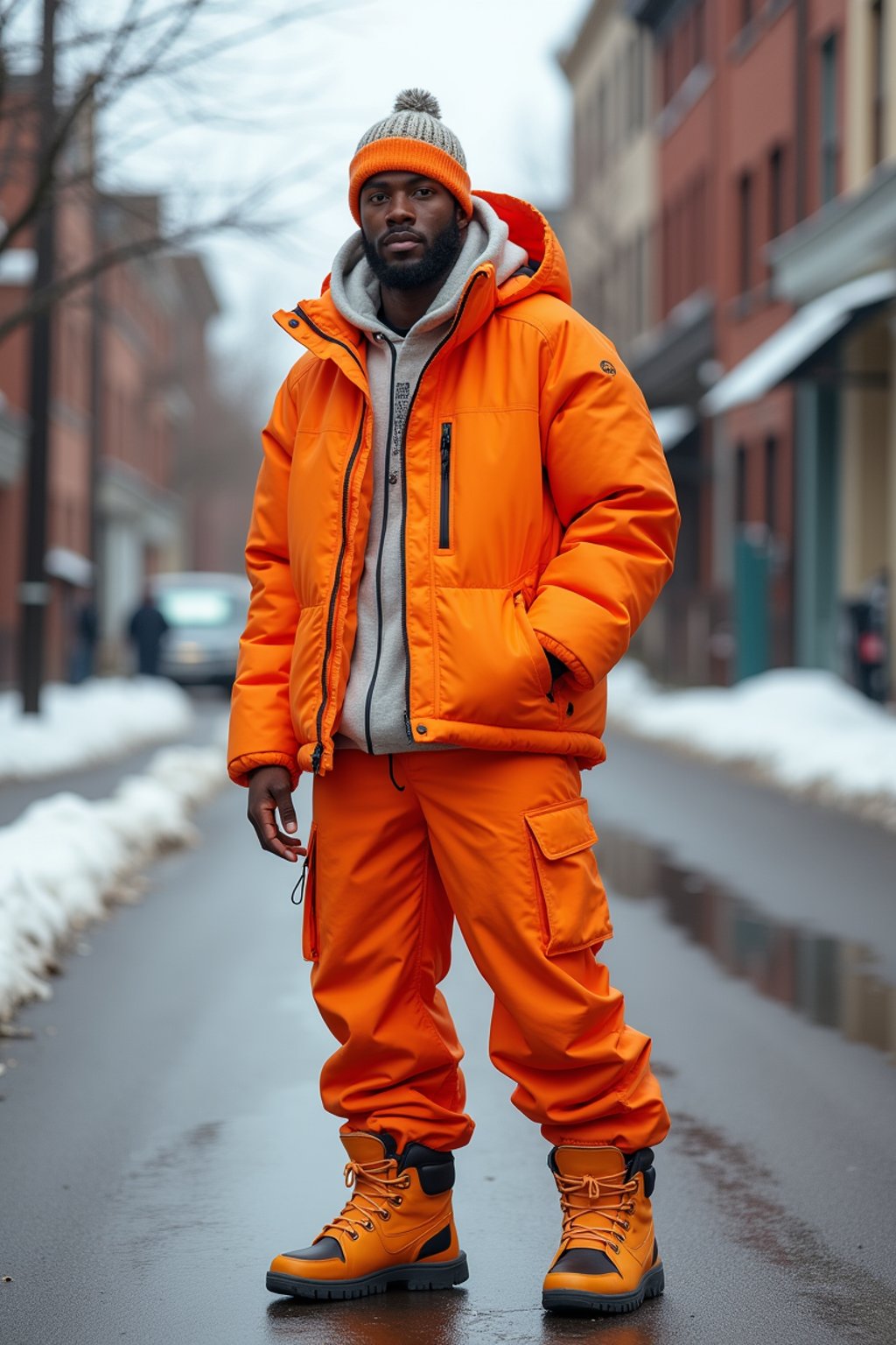 man wearing gorpcore aesthetic, functional outdoor clothing, bright colored puffer jacket, moonboots, beanie, white wool socks, outerwear, posing for photo in the street