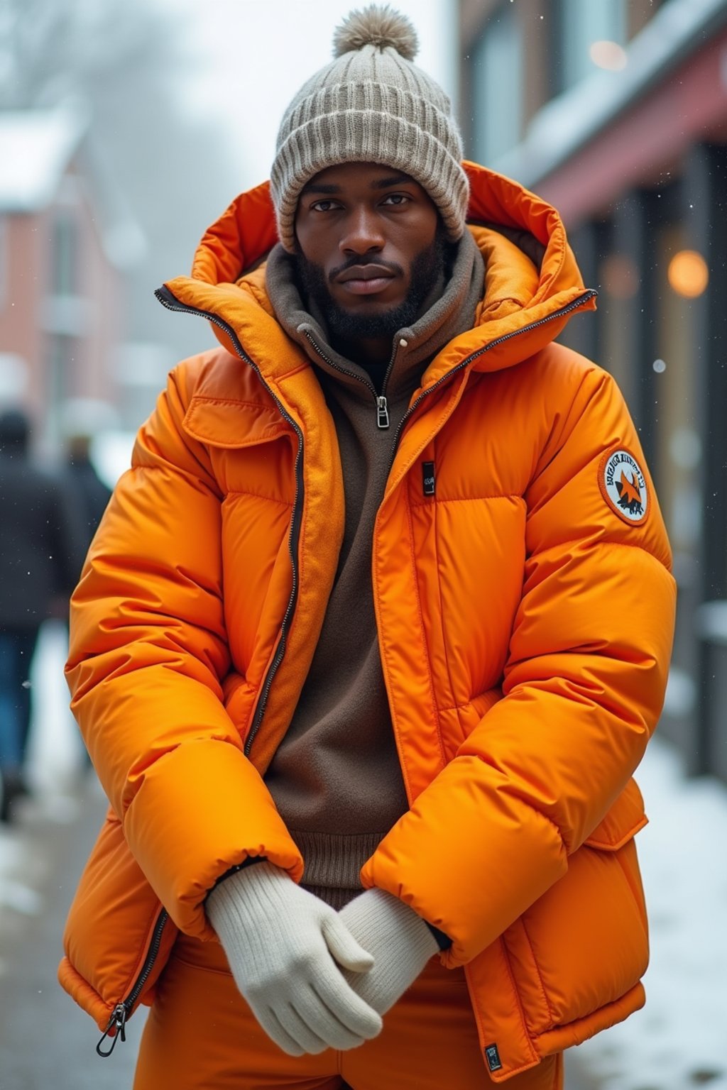 man wearing gorpcore aesthetic, functional outdoor clothing, bright colored puffer jacket, moonboots, beanie, white wool socks, outerwear, posing for photo in the street