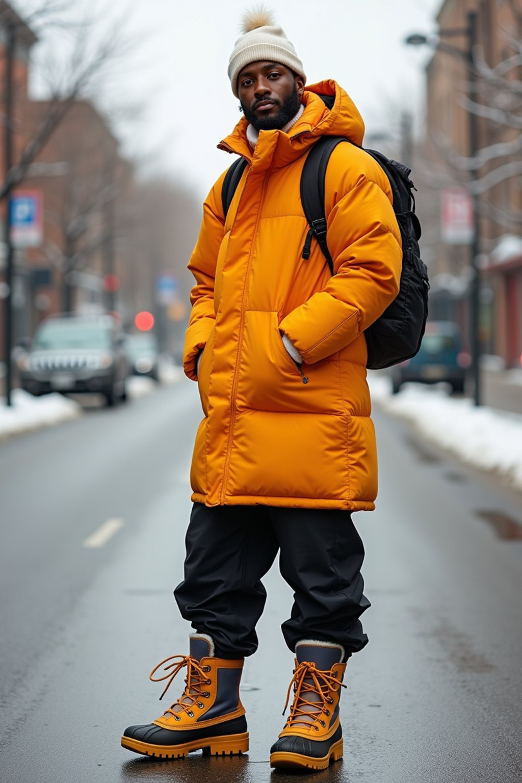 man wearing gorpcore aesthetic, functional outdoor clothing, bright colored puffer jacket, moonboots, beanie, white wool socks, outerwear, posing for photo in the street