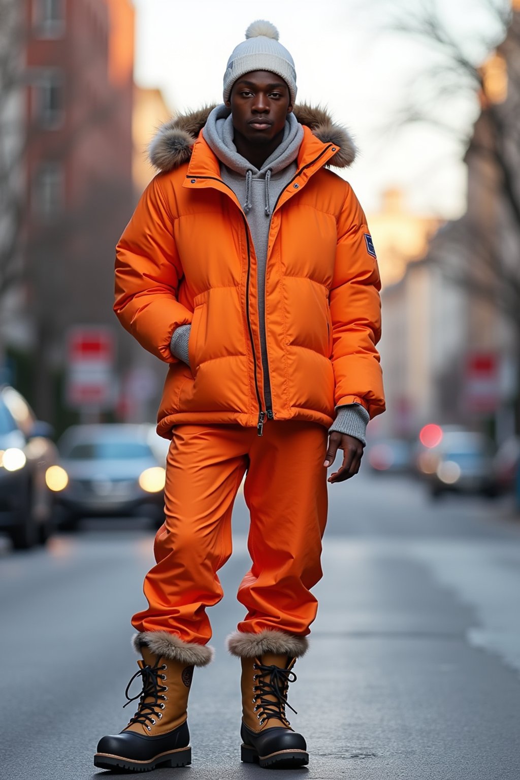 man wearing gorpcore aesthetic, functional outdoor clothing, bright colored puffer jacket, moonboots, beanie, white wool socks, outerwear, posing for photo in the street