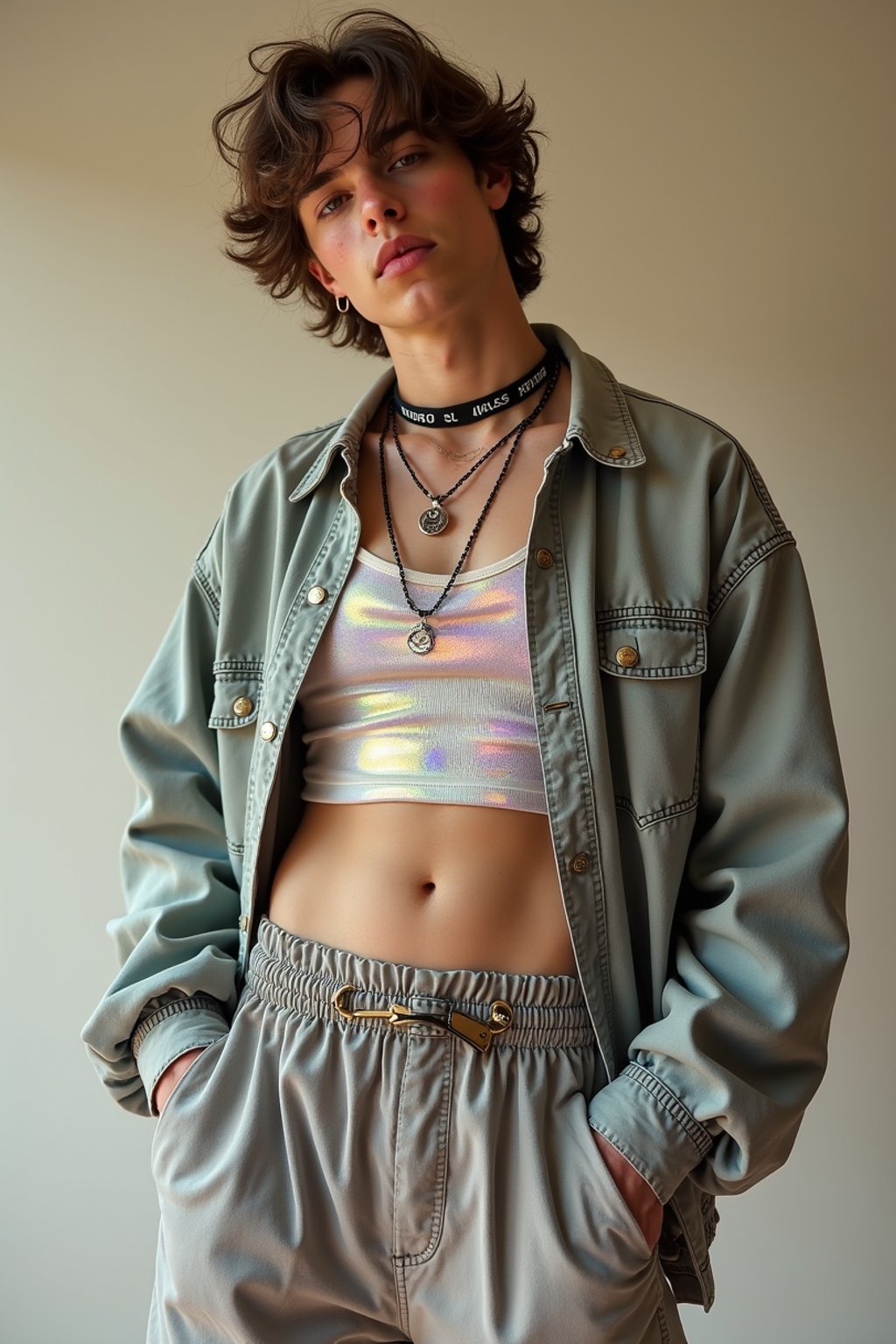 man wearing Y2K aesthetic, 2000s fashion, aughts style, noughties style, grunge or 2000s style, oversized washed out style, baggy pants, low rise pants or cargo pants, crop top, Choker, Metallic, iridescent fabrics, posing for photo