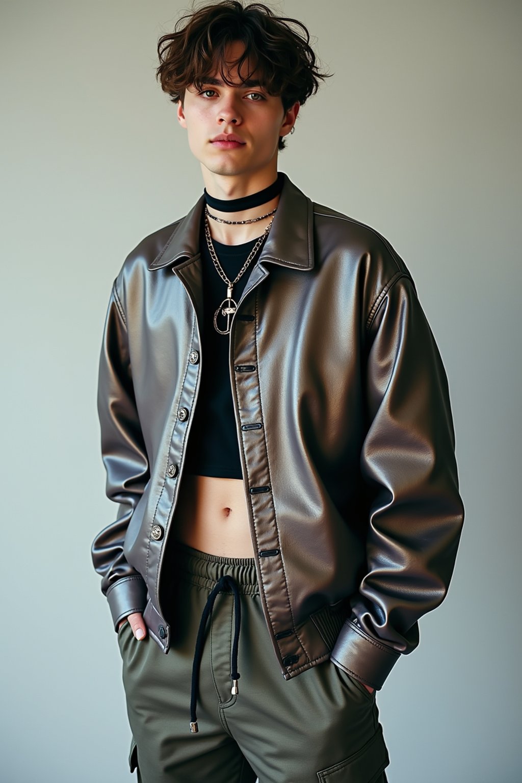 man wearing Y2K aesthetic, 2000s fashion, aughts style, noughties style, grunge or 2000s style, oversized washed out style, baggy pants, low rise pants or cargo pants, crop top, Choker, Metallic, iridescent fabrics, posing for photo