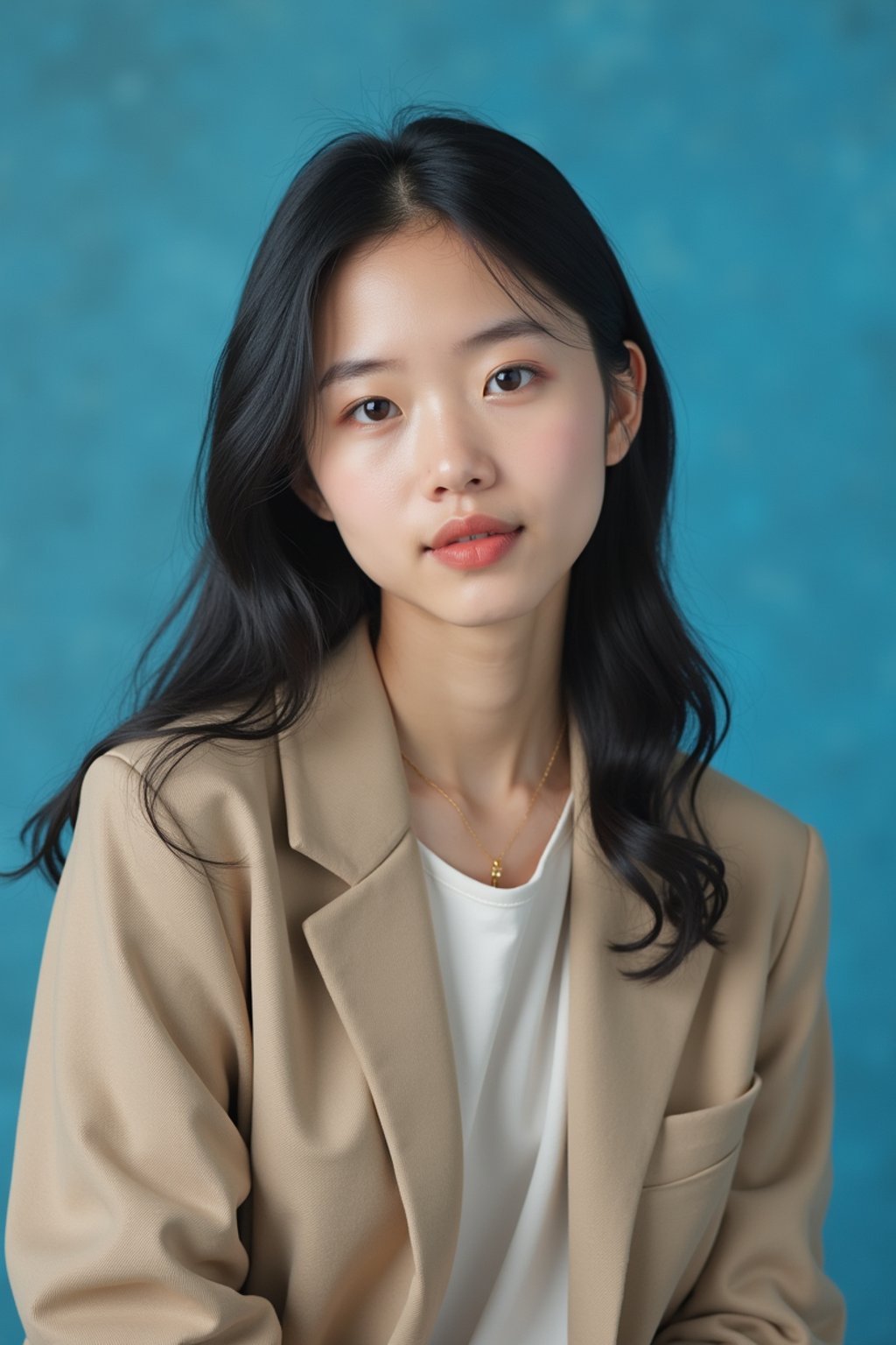 (school portrait) photo headshot of a young 18 y o woman in 1990s style, nineties style, 90s, 1990s fashion, 1990s hair, school, woman is sitting and posing for a (yearbook) picture, blue yearbook background, official school yearbook photo, woman sitting (looking straight into camera), (school shoot), (inside), blue yearbook background