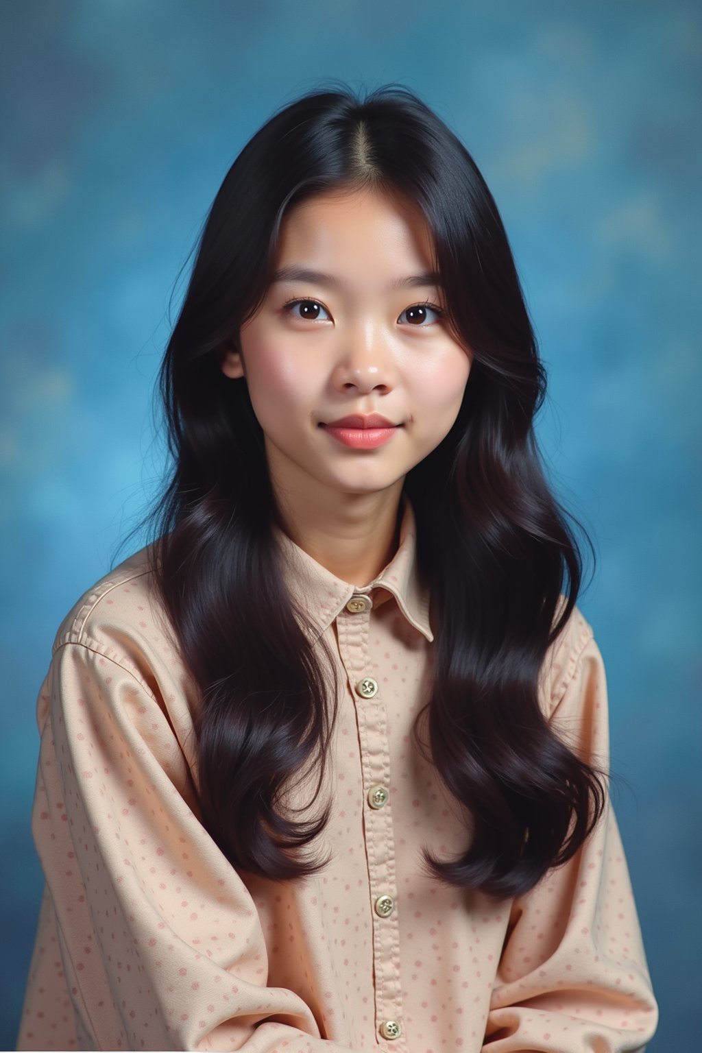 (school portrait) photo headshot of a young 18 y o woman in 1990s style, nineties style, 90s, 1990s fashion, 1990s hair, school, woman is sitting and posing for a (yearbook) picture, blue yearbook background, official school yearbook photo, woman sitting (looking straight into camera), (school shoot), (inside), blue yearbook background