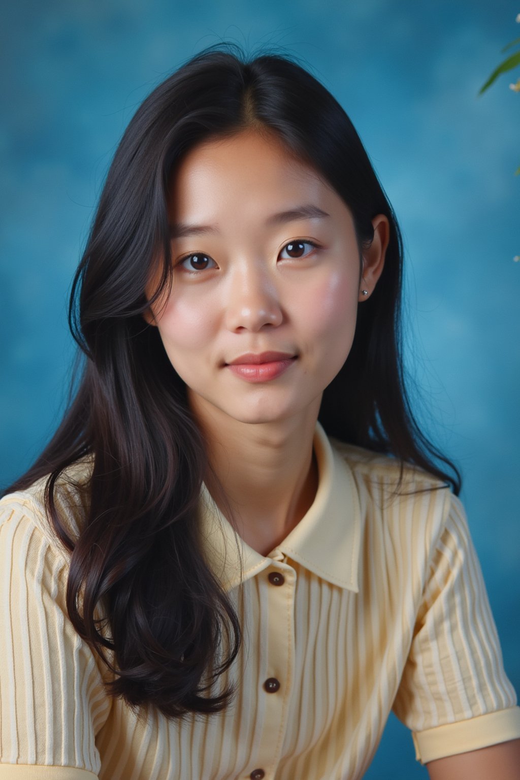 (school portrait) photo headshot of a young 18 y o woman in 1990s style, nineties style, 90s, 1990s fashion, 1990s hair, school, woman is sitting and posing for a (yearbook) picture, blue yearbook background, official school yearbook photo, woman sitting (looking straight into camera), (school shoot), (inside), blue yearbook background