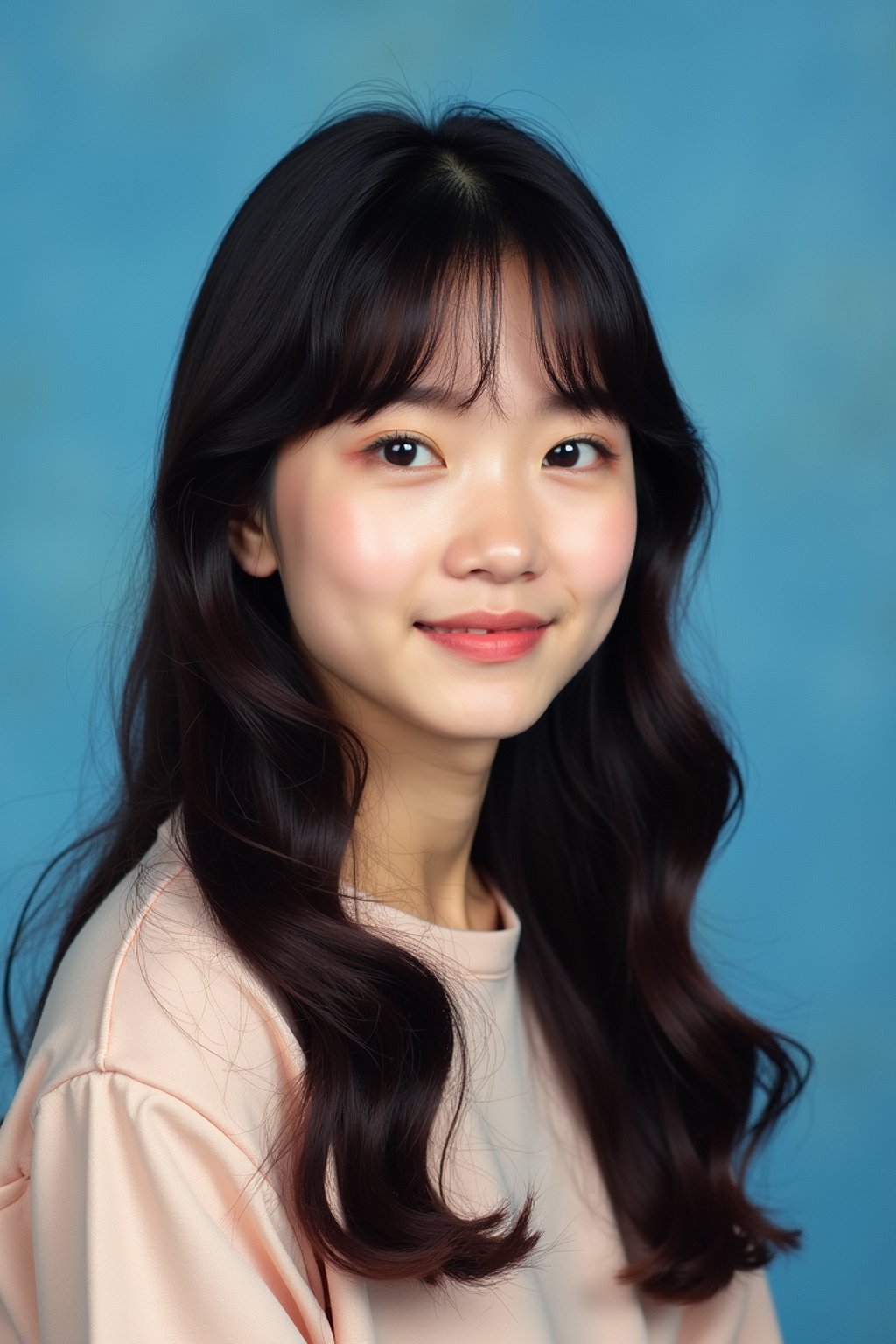 (school portrait) photo headshot of a young 18 y o woman in 1990s style, nineties style, 90s, 1990s fashion, 1990s hair, school, woman is sitting and posing for a (yearbook) picture, blue yearbook background, official school yearbook photo, woman sitting (looking straight into camera), (school shoot), (inside), blue yearbook background