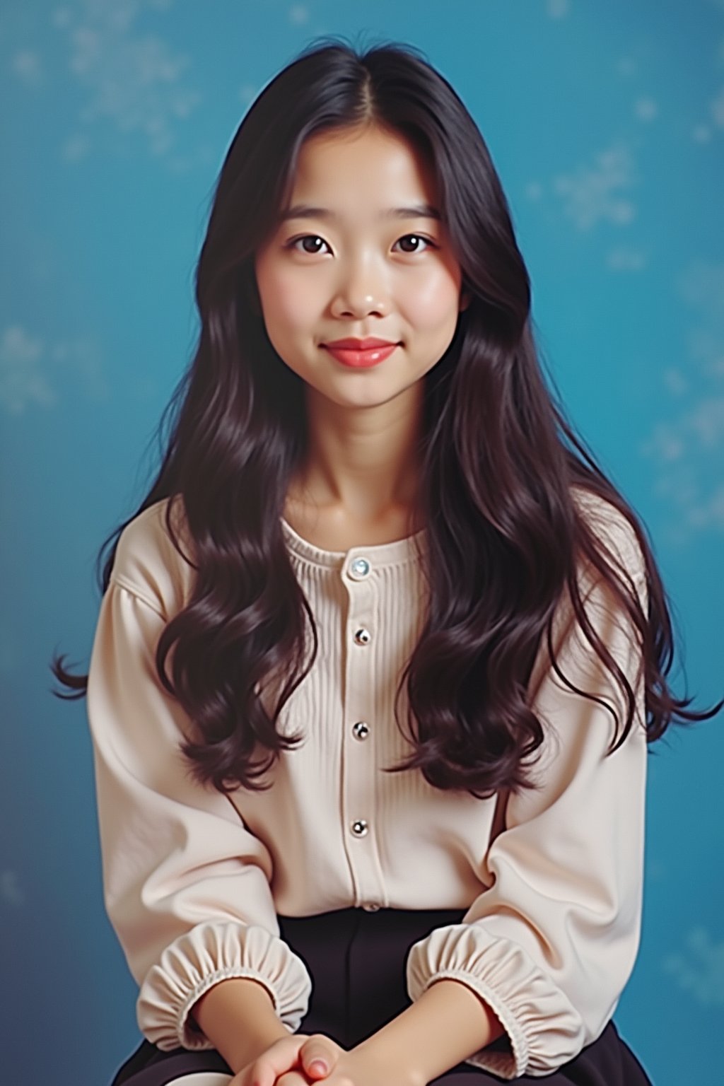 (school portrait) photo headshot of a young 18 y o woman in 1990s style, nineties style, 90s, 1990s fashion, 1990s hair, school, woman is sitting and posing for a (yearbook) picture, blue yearbook background, official school yearbook photo, woman sitting (looking straight into camera), (school shoot), (inside), blue yearbook background