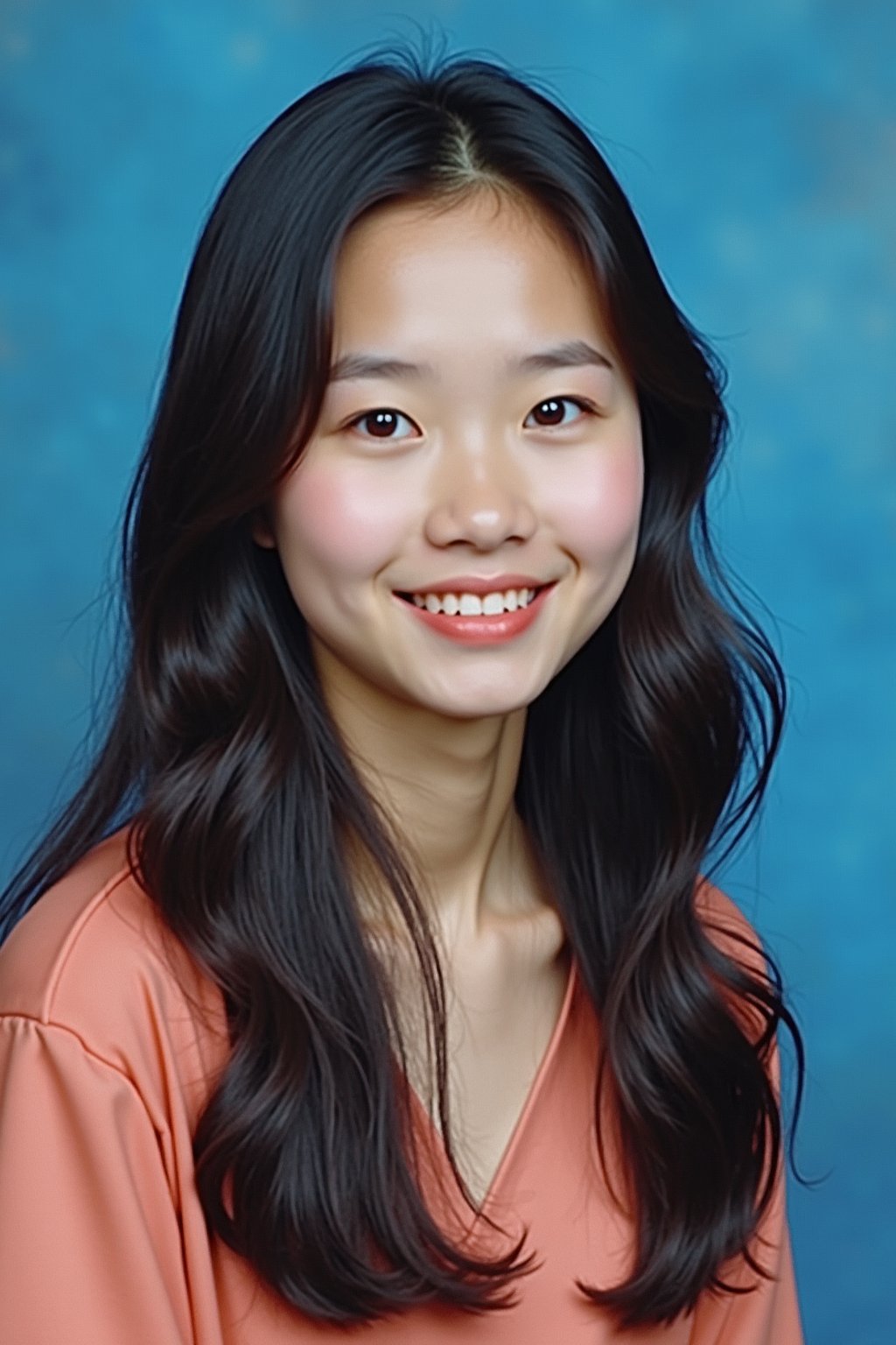 (school portrait) photo headshot of a young 18 y o woman in 1990s style, nineties style, 90s, 1990s fashion, 1990s hair, school, woman is sitting and posing for a (yearbook) picture, blue yearbook background, official school yearbook photo, woman sitting (looking straight into camera), (school shoot), (inside), blue yearbook background