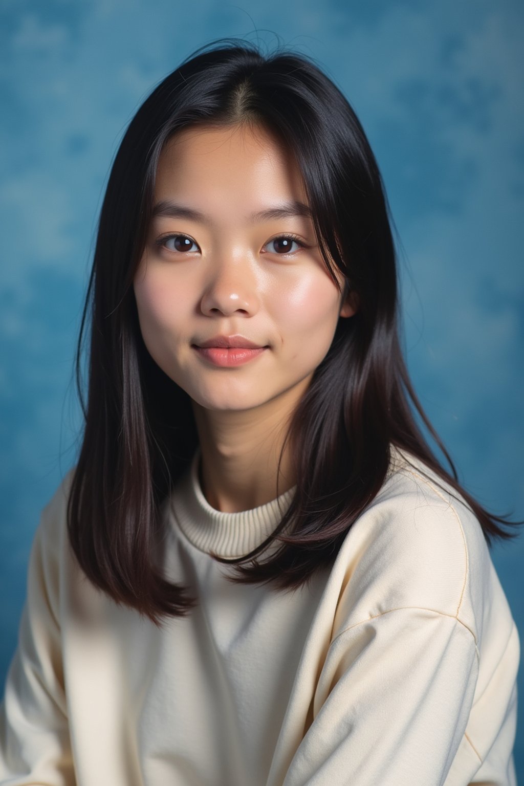 (school portrait) photo headshot of a young 18 y o woman in 1990s style, nineties style, 90s, 1990s fashion, 1990s hair, school, woman is sitting and posing for a (yearbook) picture, blue yearbook background, official school yearbook photo, woman sitting (looking straight into camera), (school shoot), (inside), blue yearbook background